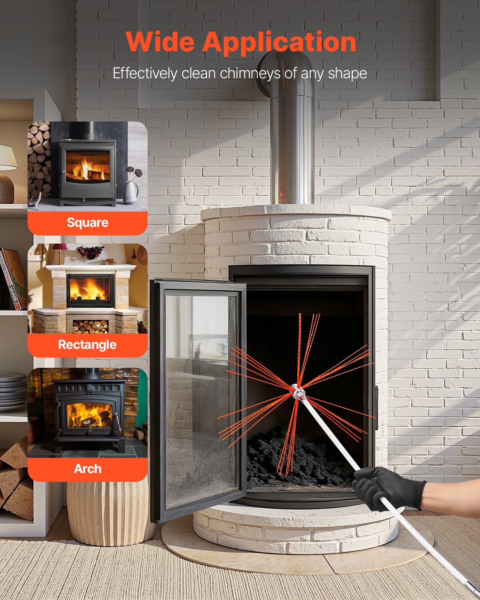 VEVOR Chimney Sweep Kit, 8m Maximum Extendable Length Chimney Brush, Chimneys Cleaning Kit with Bristle Replacements & Goggles, 90° Bendable Fireplace Cleaning Tool, for Square, Rectangle Chimneys