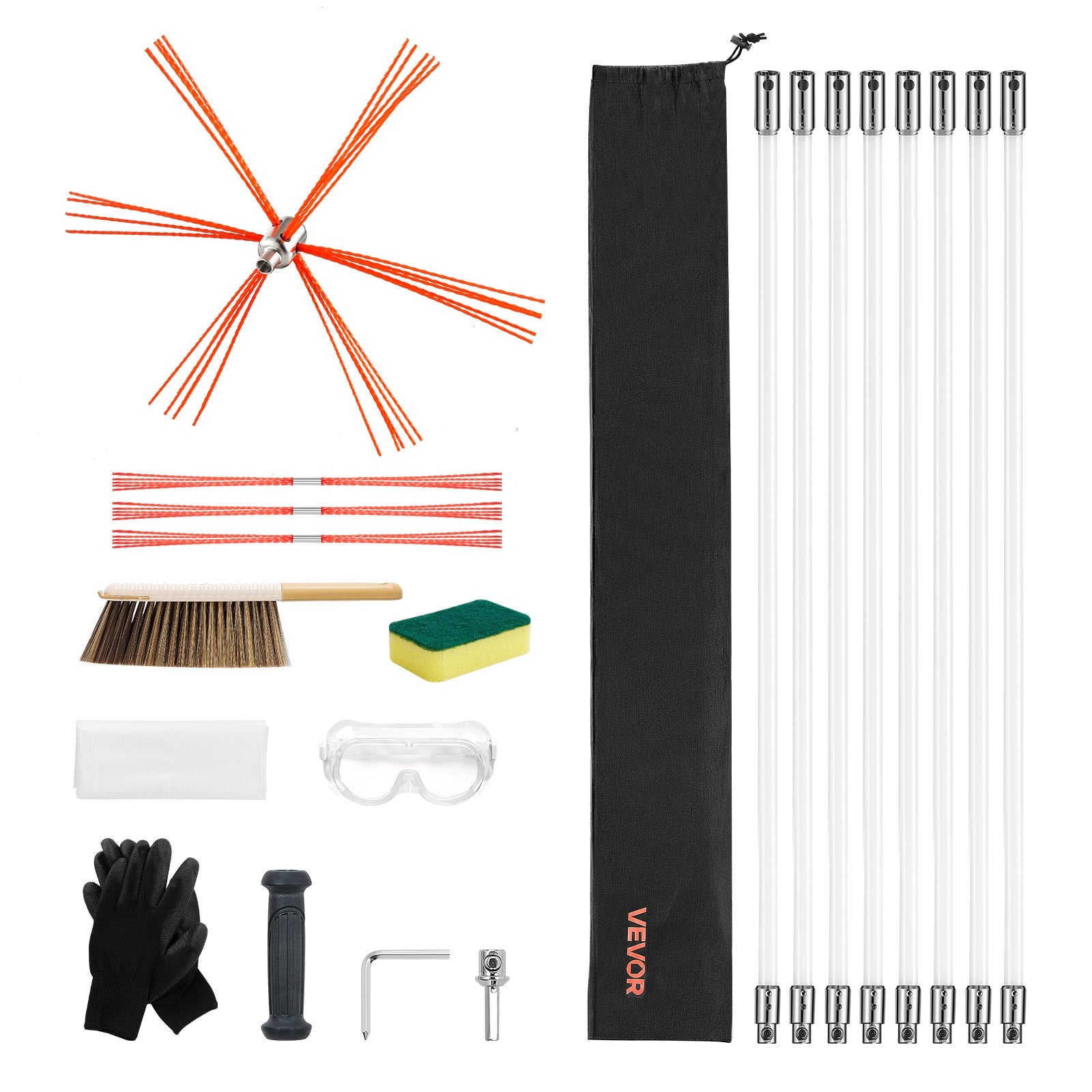 VEVOR Chimney Sweep Kit, 8m Maximum Extendable Length Chimney Brush, Chimneys Cleaning Kit with Bristle Replacements & Goggles, 90° Bendable Fireplace Cleaning Tool, for Square, Rectangle Chimneys