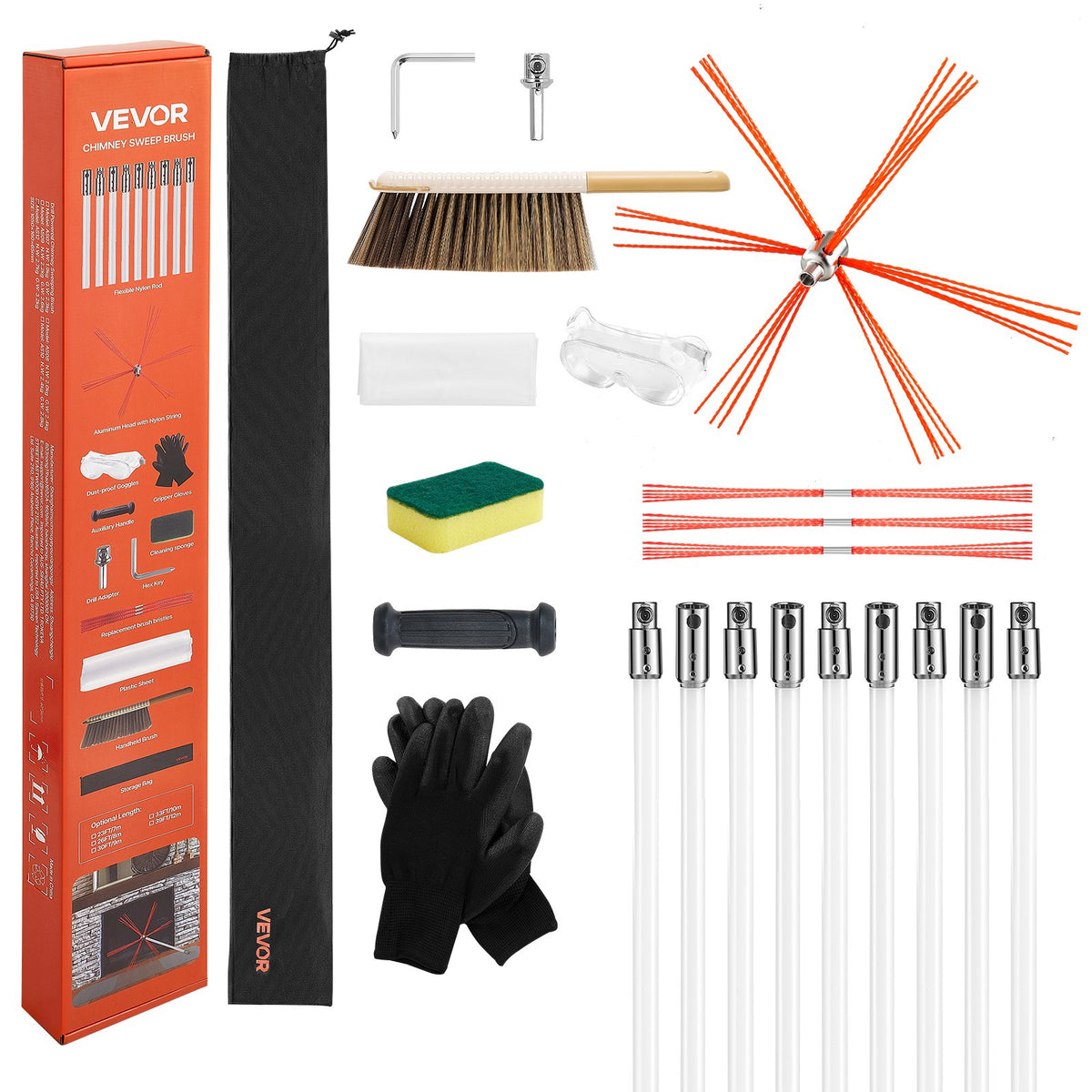 VEVOR Chimney Sweep Kit, 9m Maximum Extendable Length Chimney Sweep, Chimneys Cleaning Kit with Bristle Replacements &amp; Goggles, 90° Bendable Fireplace Cleaning Tool, for Square, Rectangle Chimneys