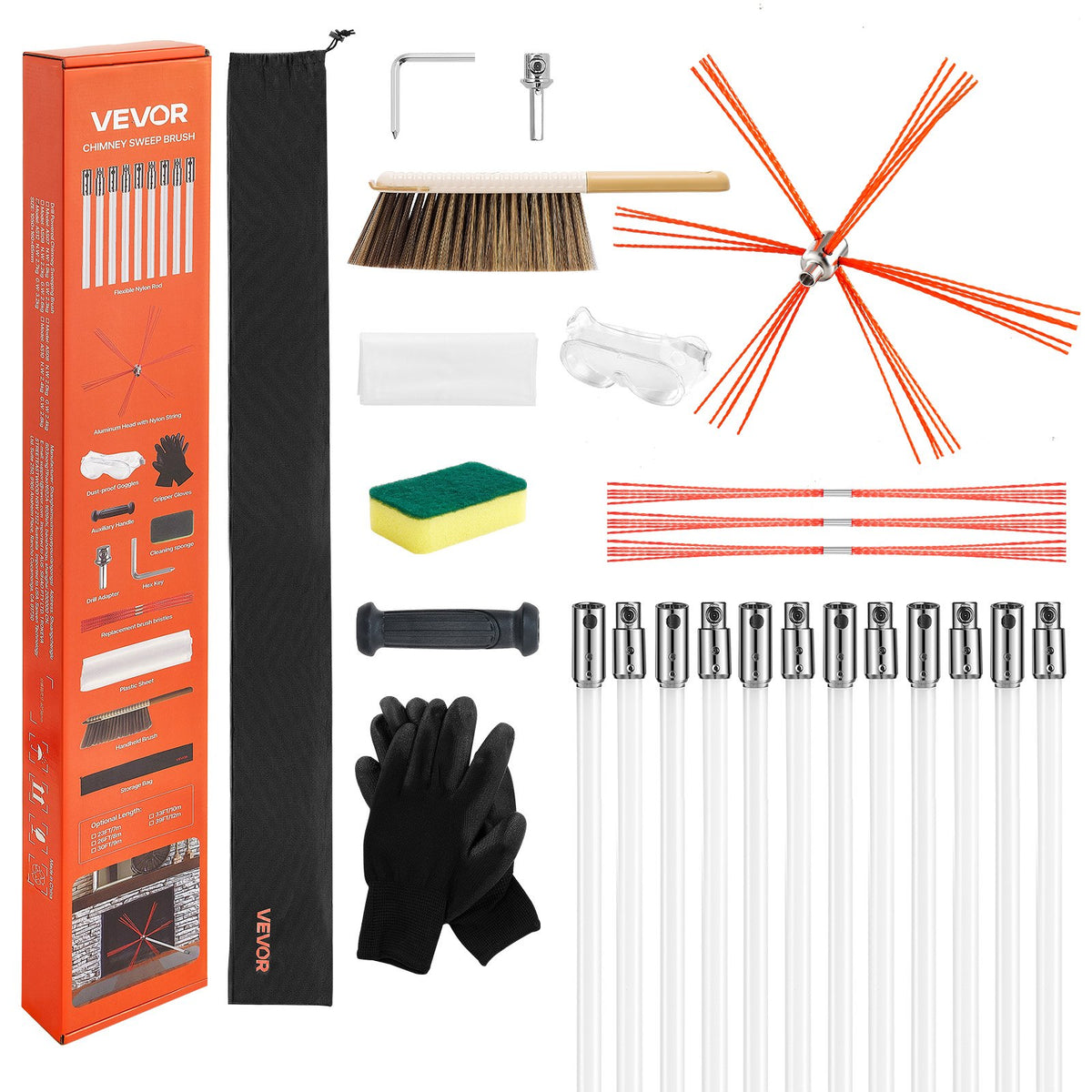 VEVOR Chimney Sweep Kit, 12m Maximum Extendable Length Chimney Sweep, Chimneys Cleaning Kit with Bristle Replacements &amp; Goggles, 90° Bendable Fireplace Cleaning Tool, for Square, Rectangle Chimneys