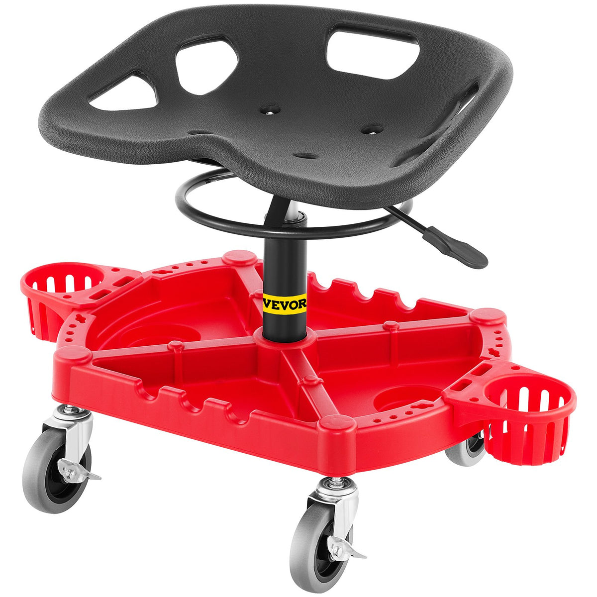 VEVOR Rolling Garage Stool, 300LBS Capacity, Adjustable Height from 18 in to 23 in, 360-degree Swivel Wheels (4\&quot;), Large Tool Tray with Two Bottle Holder, for Workshop, Auto Repair Shop, Red