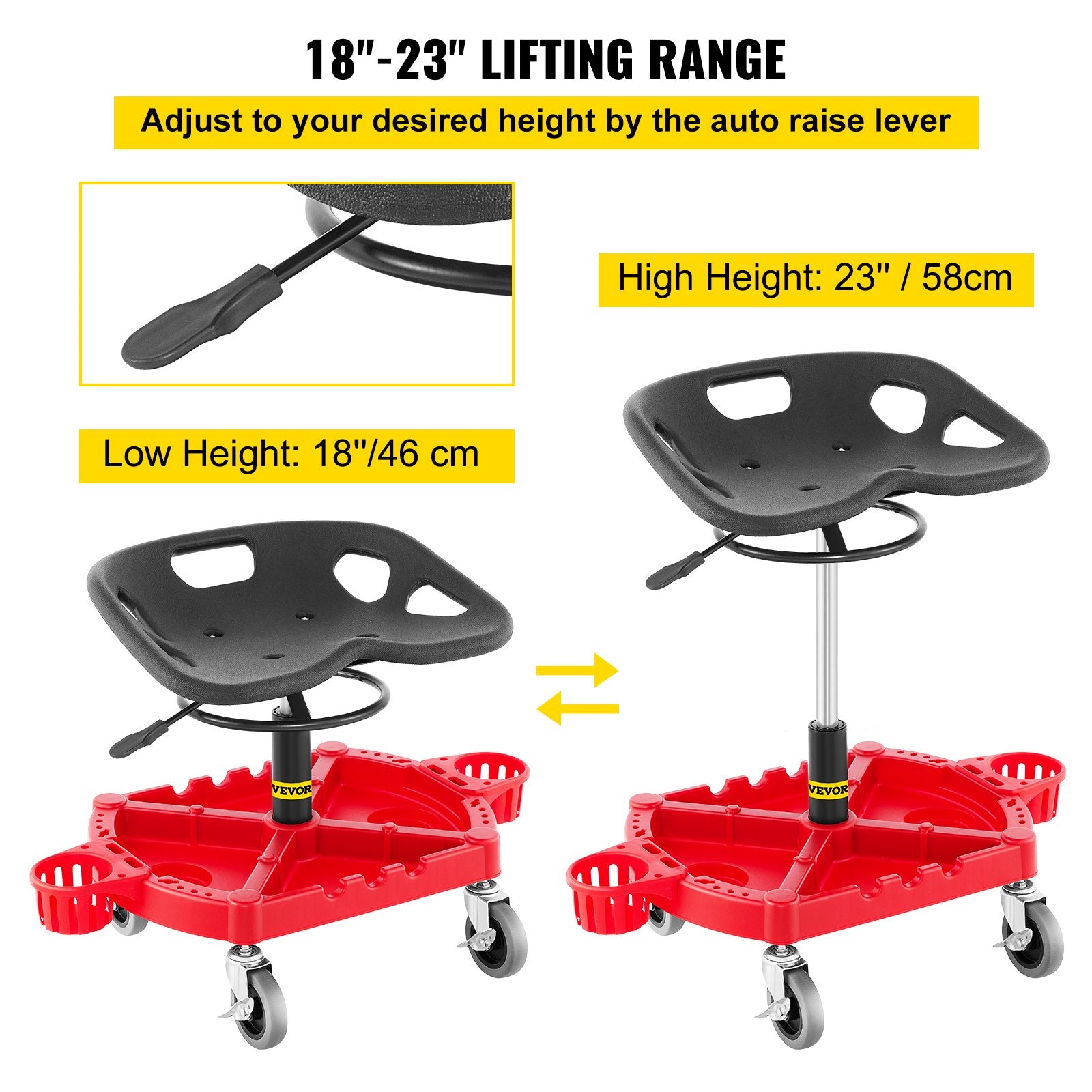VEVOR Rolling Garage Stool, 300LBS Capacity, Adjustable Height from 18 in to 23 in, 360-degree Swivel Wheels (4\"), Large Tool Tray with Two Bottle Holder, for Workshop, Auto Repair Shop, Red
