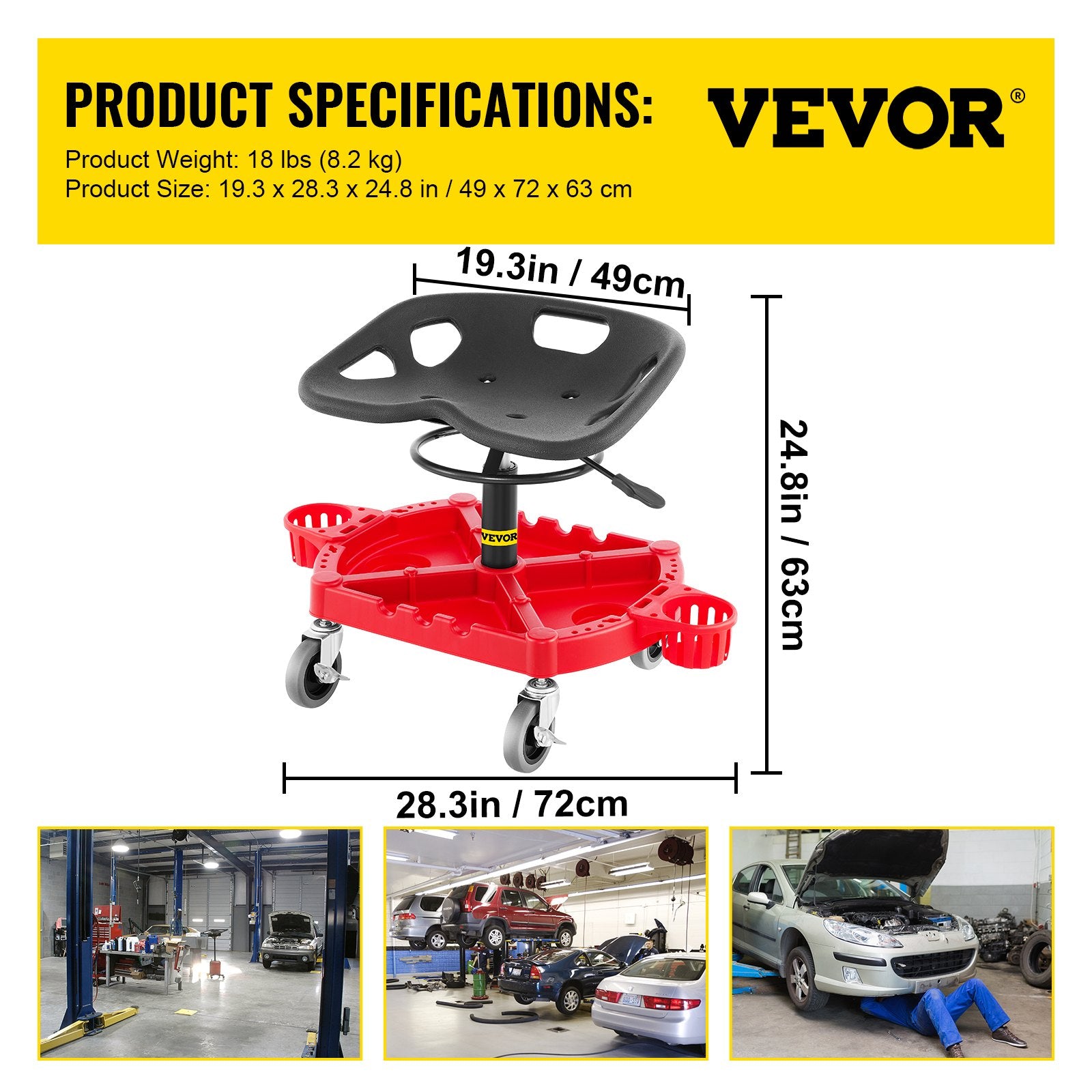 VEVOR Rolling Garage Stool, 300LBS Capacity, Adjustable Height from 18 in to 23 in, 360-degree Swivel Wheels (4\"), Large Tool Tray with Two Bottle Holder, for Workshop, Auto Repair Shop, Red