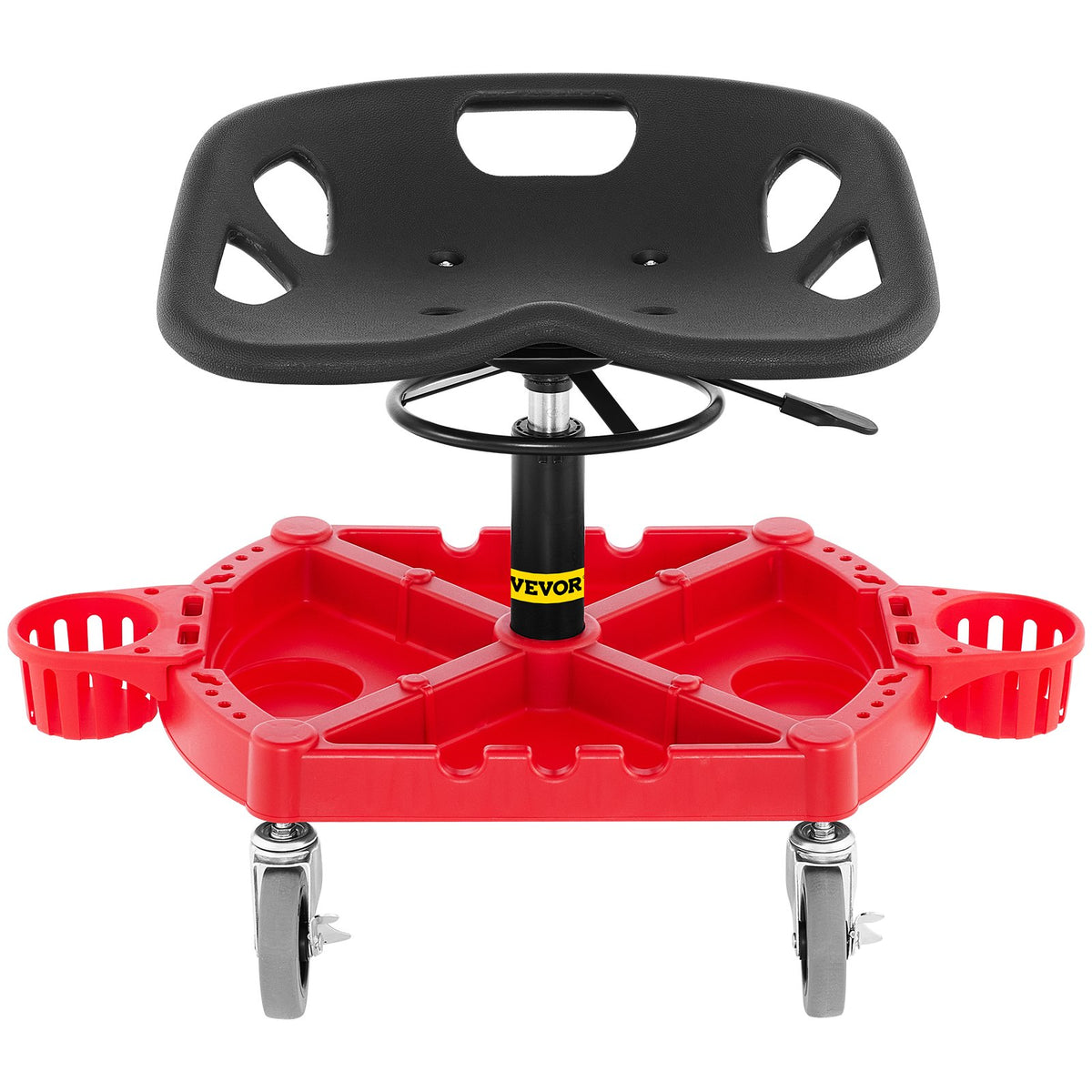 VEVOR Rolling Garage Stool, 300LBS Capacity, Adjustable Height from 18 in to 23 in, 360-degree Swivel Wheels (4\"), Large Tool Tray with Two Bottle Holder, for Workshop, Auto Repair Shop, Red