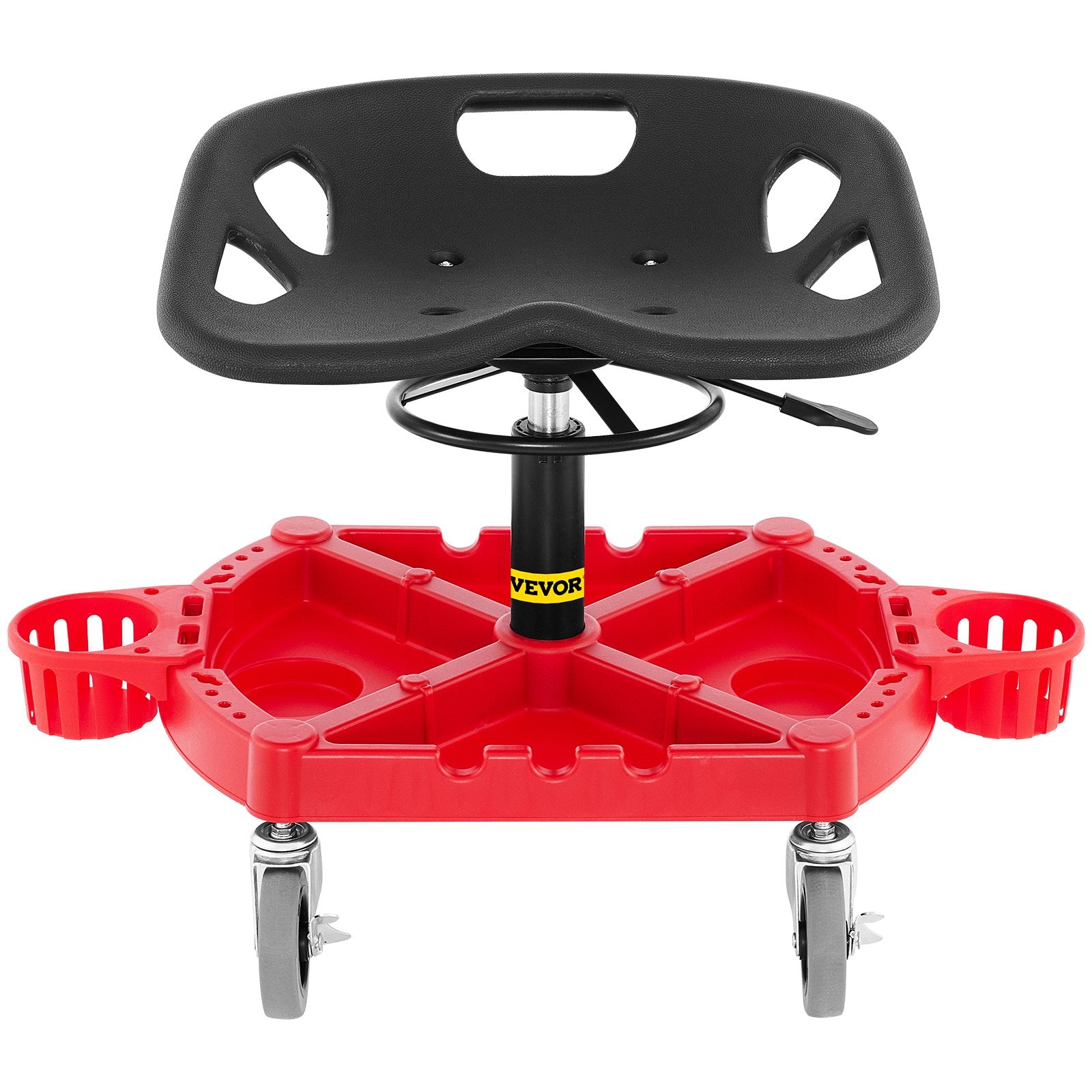 VEVOR Rolling Garage Stool, 300LBS Capacity, Adjustable Height from 18 in to 23 in, 360-degree Swivel Wheels (4\"), Large Tool Tray with Two Bottle Holder, for Workshop, Auto Repair Shop, Red