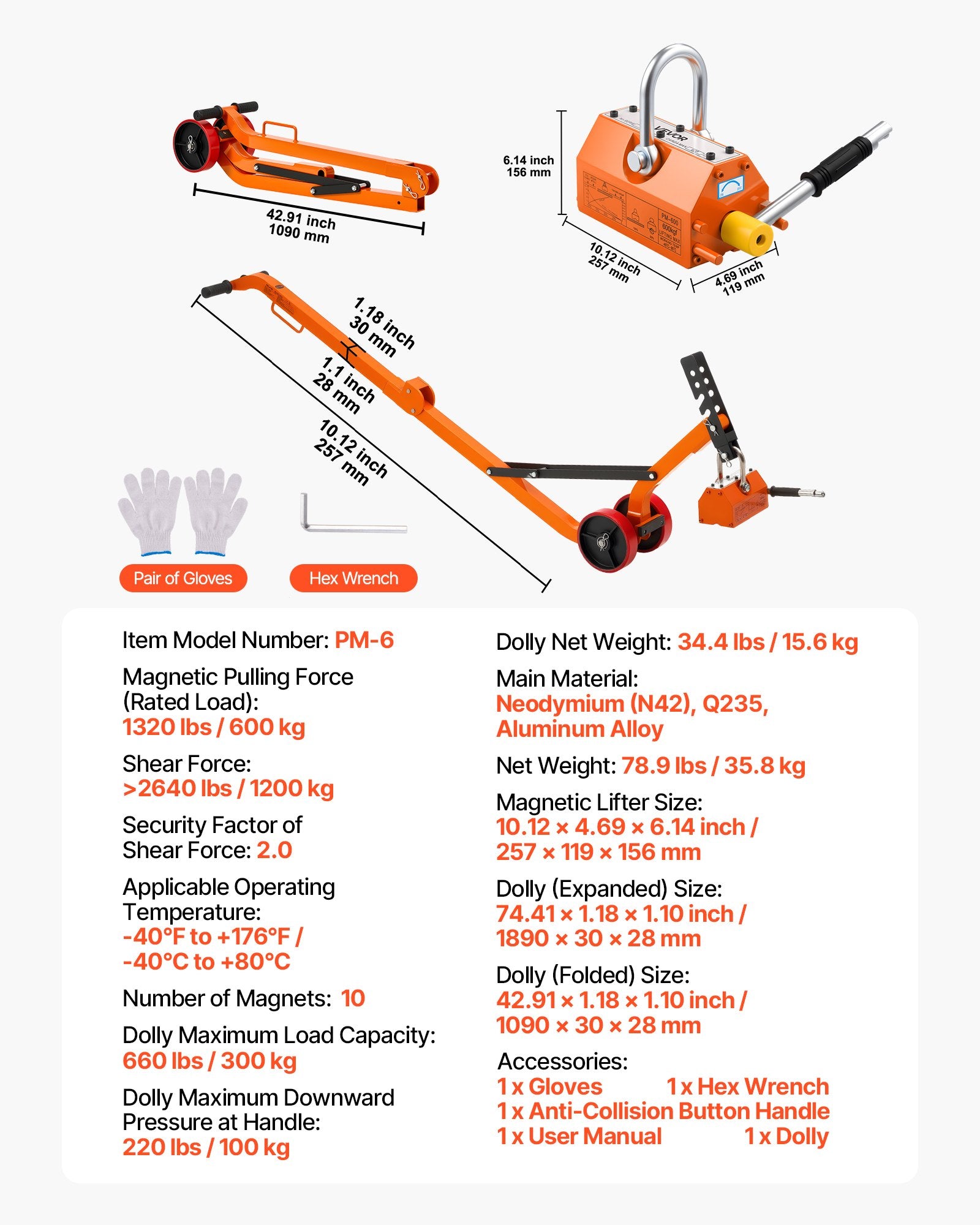 VEVOR Magnetic Lid Lifter Dolly, 600 kg Pulling Capacity, Steel Dolly with Heavy Duty Magnet Lift and 2 Wheels, Adjustable Handle, N42 Neodymium, Foldable and Portable, for Lifting Manhole Covers