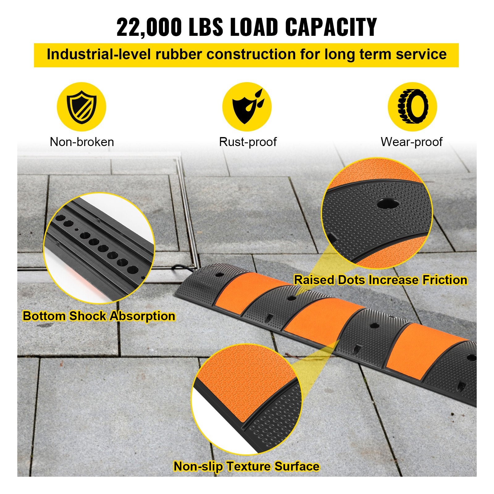 VEVOR Rubber Speed Bump, 1 Pack 2 Channel Speed Bump Hump, 72\" Long Modular Speed Bump Rated 22000 LBS Loading, 72.8 x 12.2 x 2.2 Garage Speed Bump for Asphalt Concrete Gravel Driveway with 2 End Cap