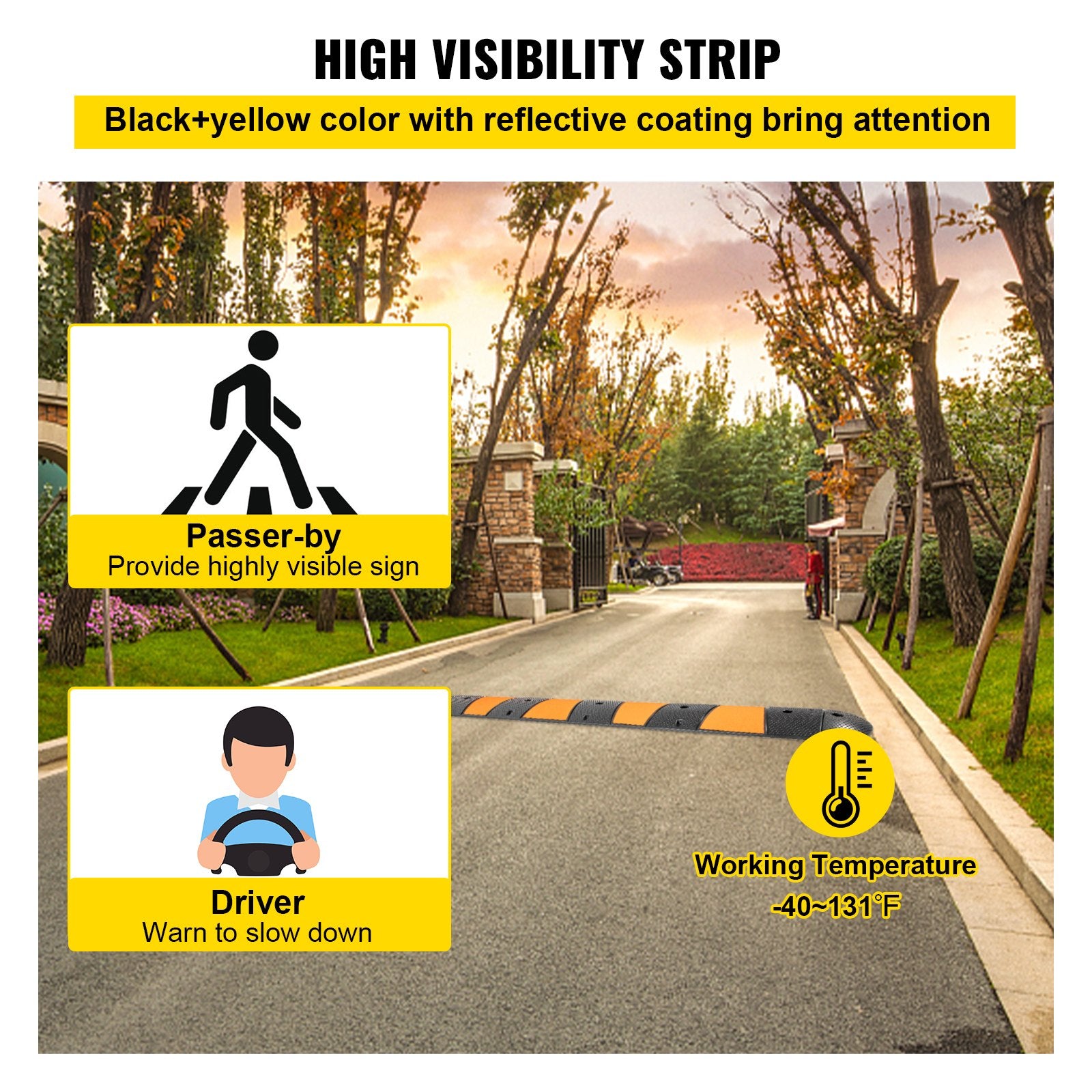 VEVOR Rubber Speed Bump, 1 Pack 2 Channel Speed Bump Hump, 72\" Long Modular Speed Bump Rated 22000 LBS Loading, 72.8 x 12.2 x 2.2 Garage Speed Bump for Asphalt Concrete Gravel Driveway with 2 End Cap