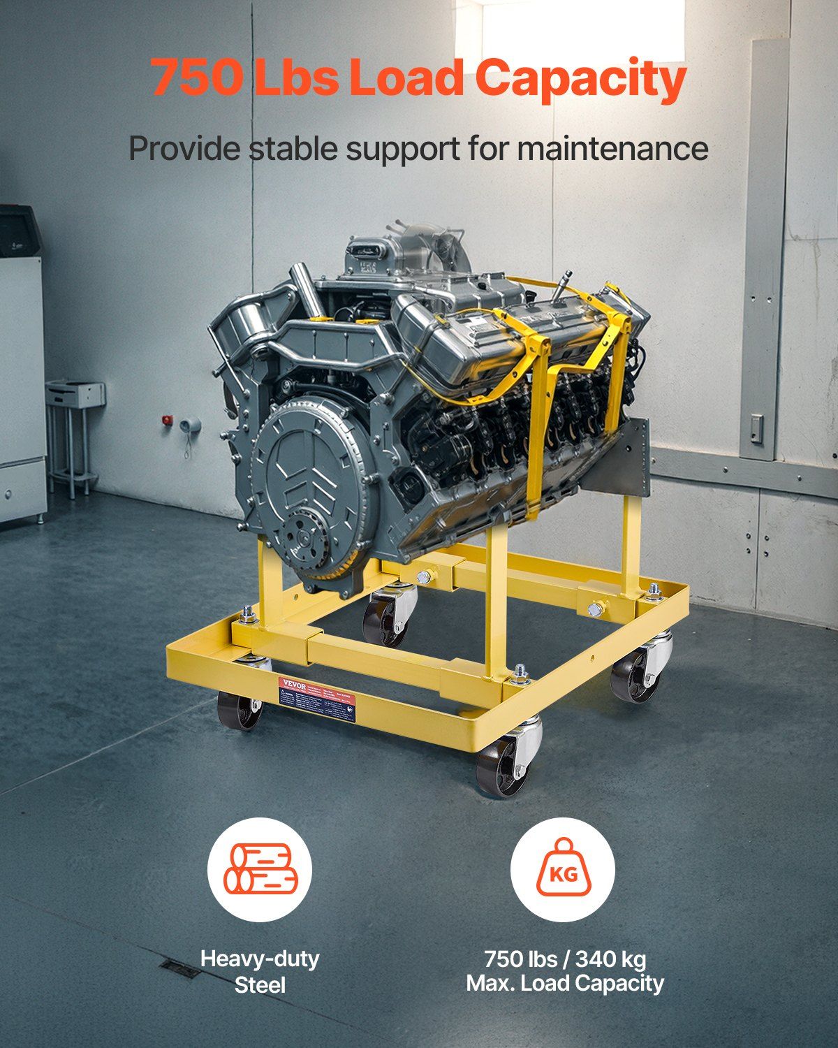 Engine Stand, 340 KG Load Capacity Engine Motor Stand with Adjustable Width & Length, Heavy-Duty Steel Motor Holder with 4 Swivel Casters and 2 Ratchet Straps, Suitable for Most Engines