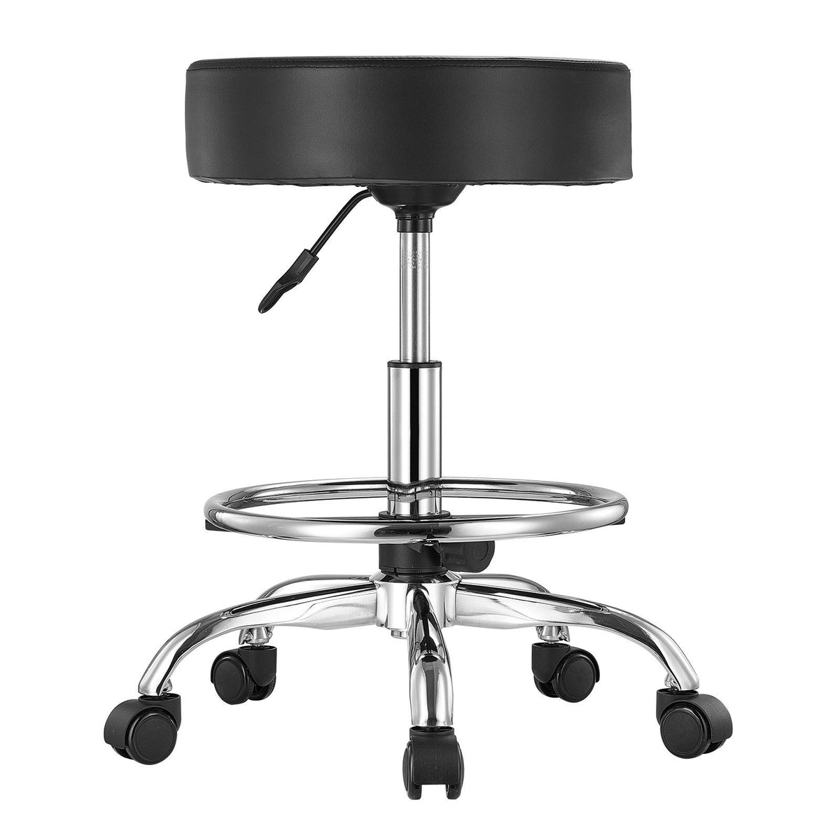Round Rolling Stool, Leather Rolling Stool with Footrest, 360° Swivel Drafting Stool with Thickened Cushion, Height Adjustable Rolling Work SPA Tattoo Stool, for Office, Home, Salon &amp; Bar Black