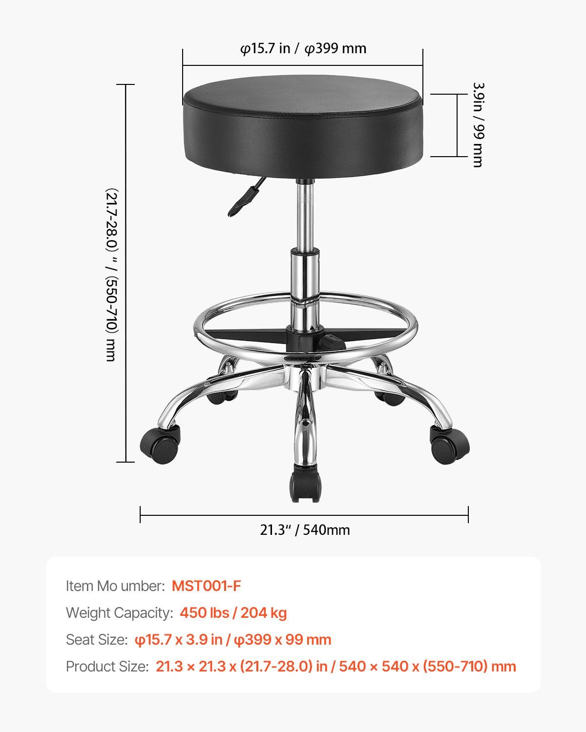 Round Rolling Stool, Leather Rolling Stool with Footrest, 360° Swivel Drafting Stool with Thickened Cushion, Height Adjustable Rolling Work SPA Tattoo Stool, for Office, Home, Salon & Bar Black