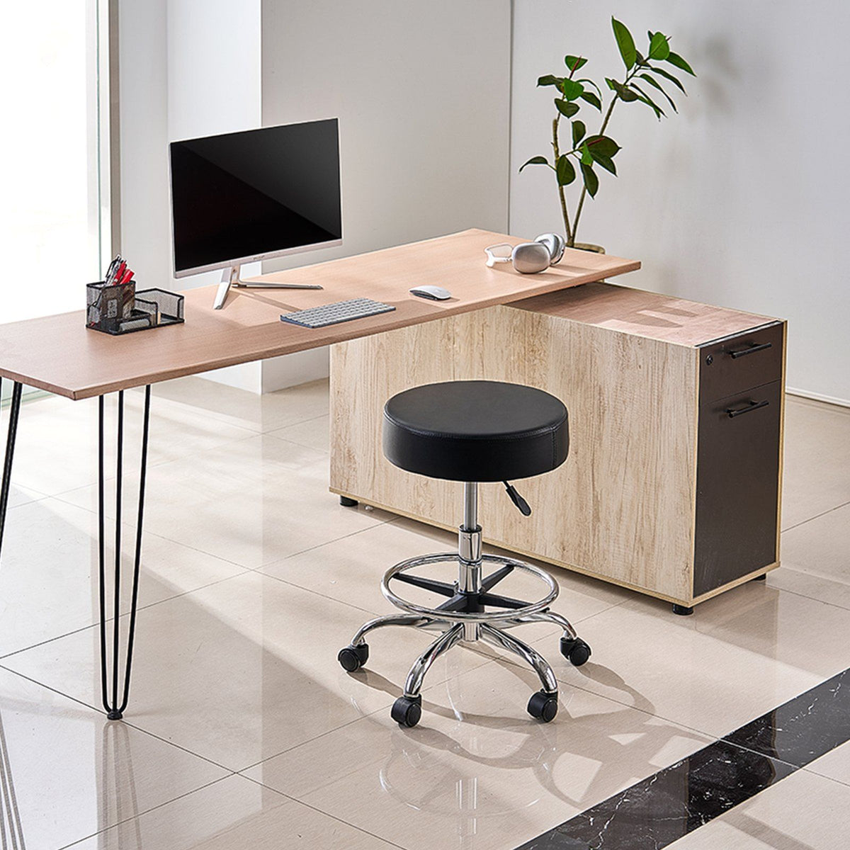 Round Rolling Stool, Leather Rolling Stool with Footrest, 360° Swivel Drafting Stool with Thickened Cushion, Height Adjustable Rolling Work SPA Tattoo Stool, for Office, Home, Salon & Bar Black