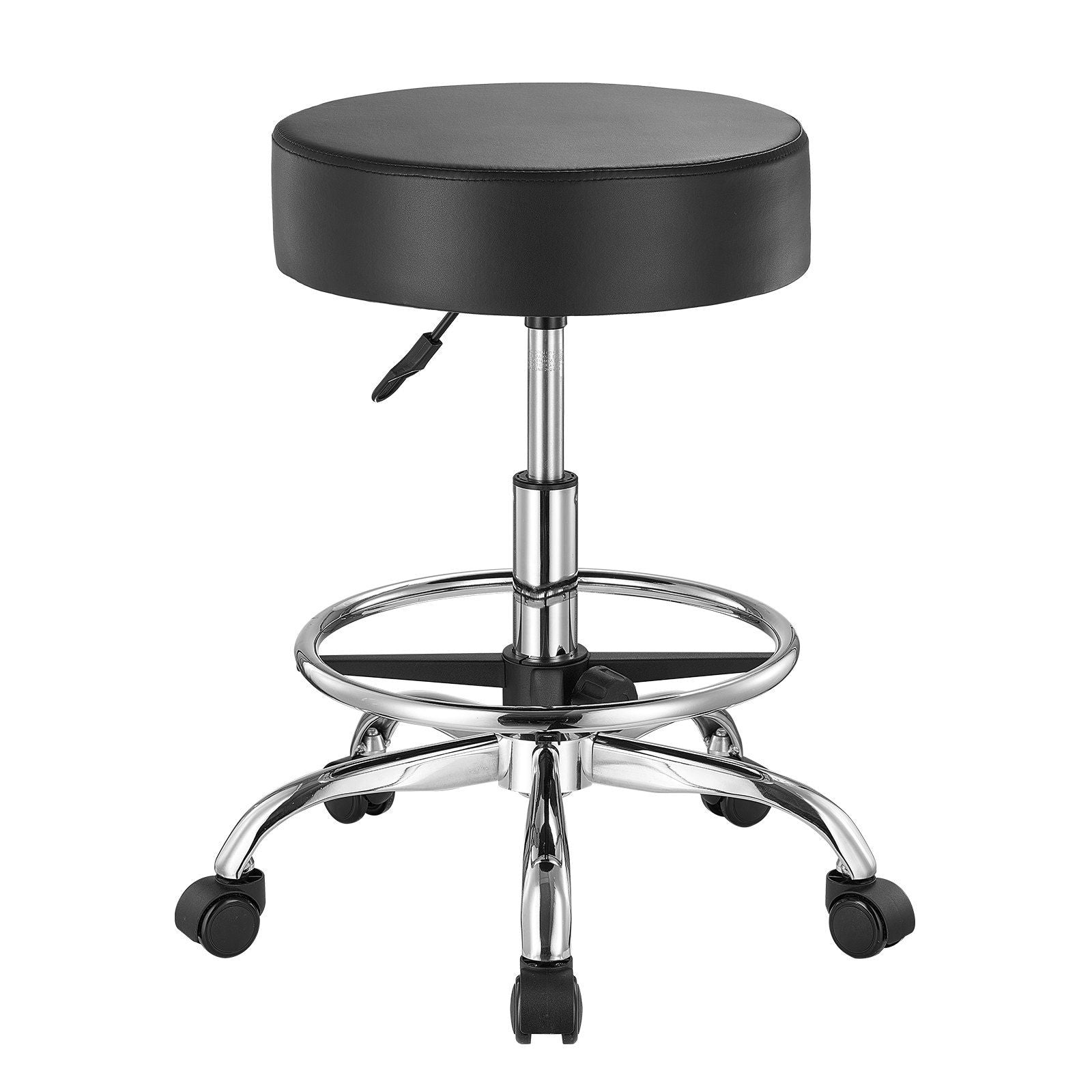 Round Rolling Stool, Leather Rolling Stool with Footrest, 360° Swivel Drafting Stool with Thickened Cushion, Height Adjustable Rolling Work SPA Tattoo Stool, for Office, Home, Salon & Bar Black