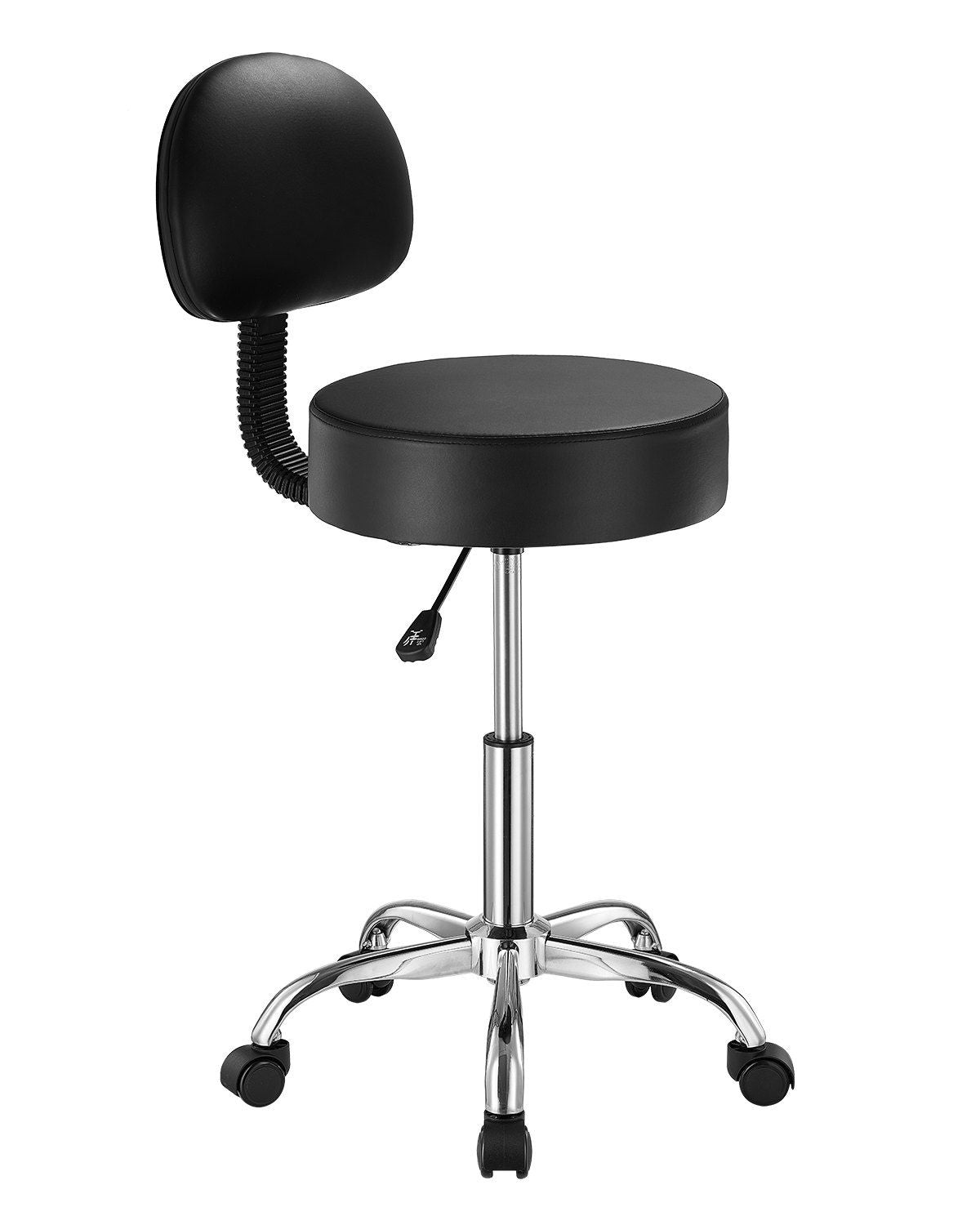Round Rolling Stool, PU Leather Rolling Stool with Backrest, 360° Swivel Drafting Stool with Thickened Cushion, Height Adjustable Rolling Work SPA Stool, for Office, Home, Salon &amp; Bar, Black