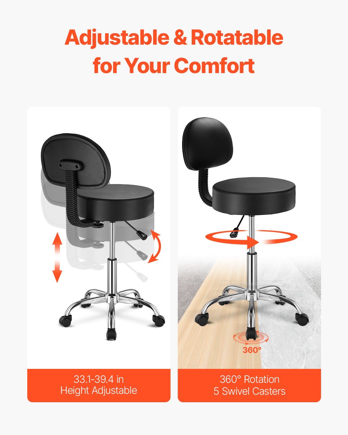 Round Rolling Stool, PU Leather Rolling Stool with Backrest, 360° Swivel Drafting Stool with Thickened Cushion, Height Adjustable Rolling Work SPA Stool, for Office, Home, Salon & Bar, Black