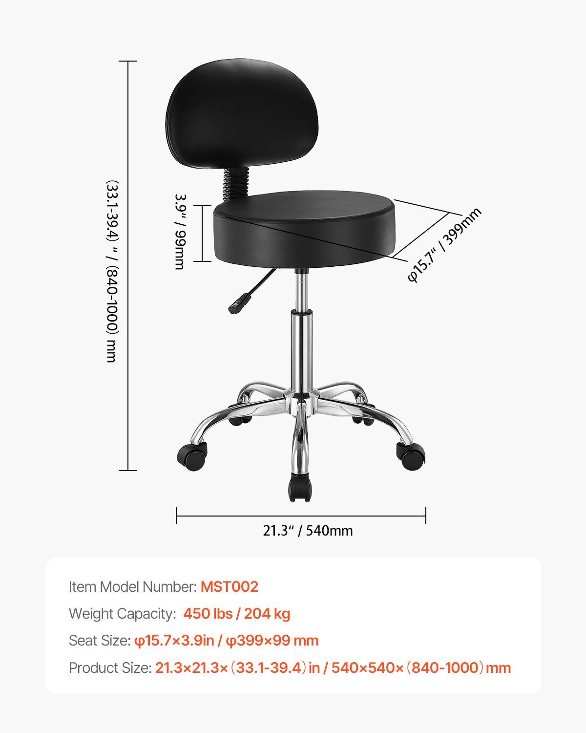 Round Rolling Stool, PU Leather Rolling Stool with Backrest, 360° Swivel Drafting Stool with Thickened Cushion, Height Adjustable Rolling Work SPA Stool, for Office, Home, Salon & Bar, Black