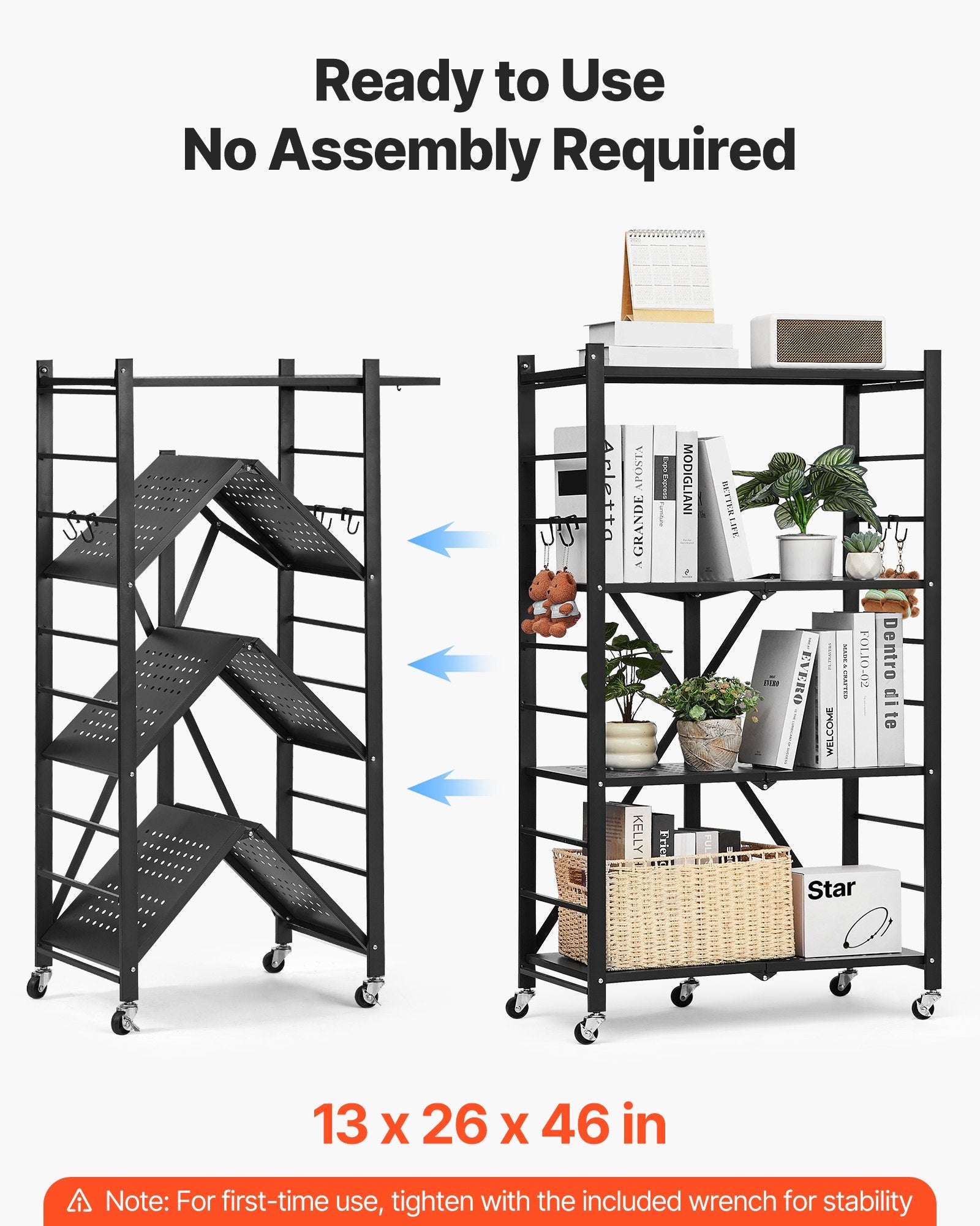 VEVOR 4-Tier Foldable Storage Shelf with Wheels, 66 cm W x 33 cm D x 117 cm H Folding Metal Rack Shelving Unit, No Assembly Organizer Shelf for Garage, Kitchen, Basement, Black