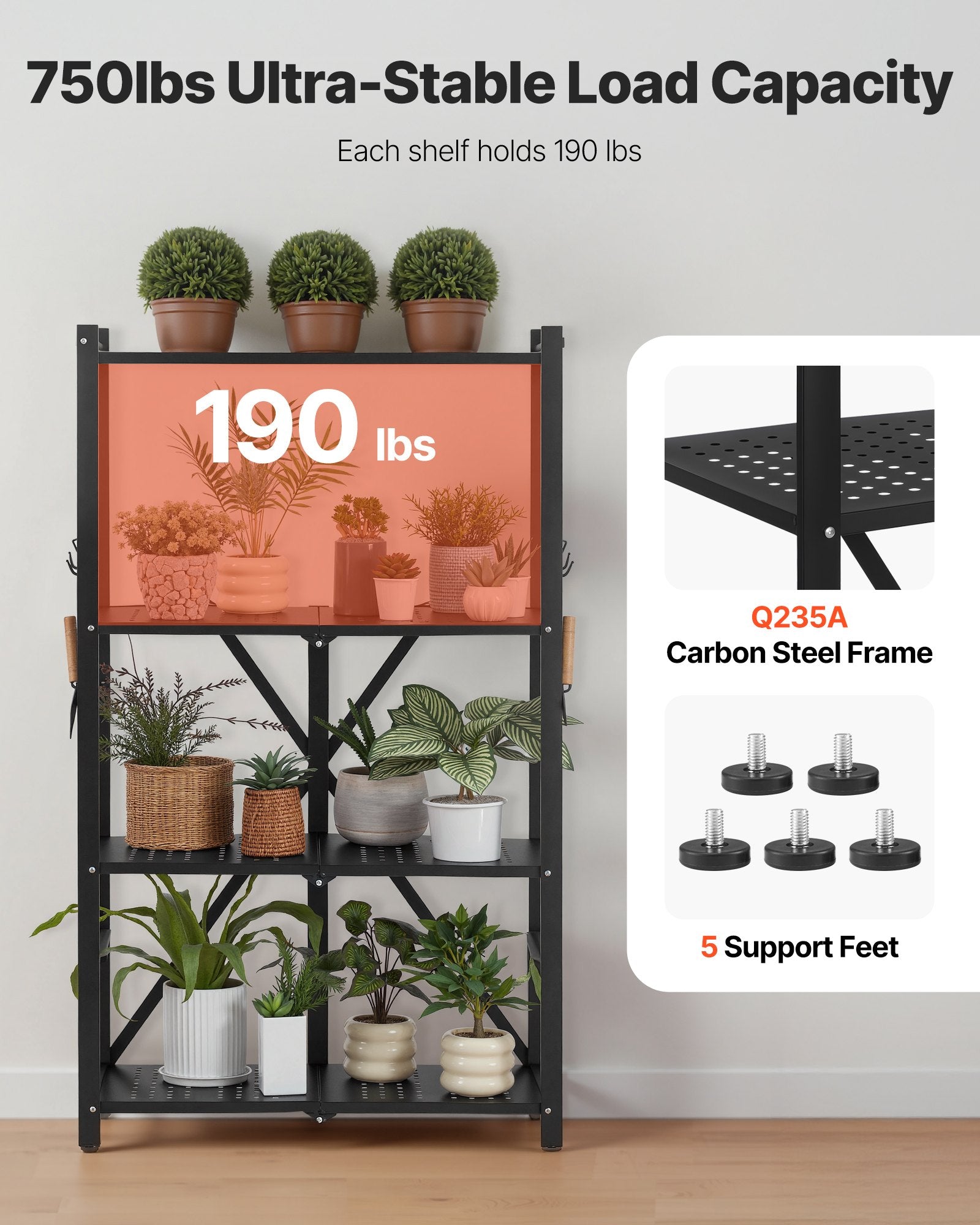 VEVOR 4-Tier Foldable Storage Shelf with Wheels, 66 cm W x 33 cm D x 117 cm H Folding Metal Rack Shelving Unit, No Assembly Organizer Shelf for Garage, Kitchen, Basement, Black