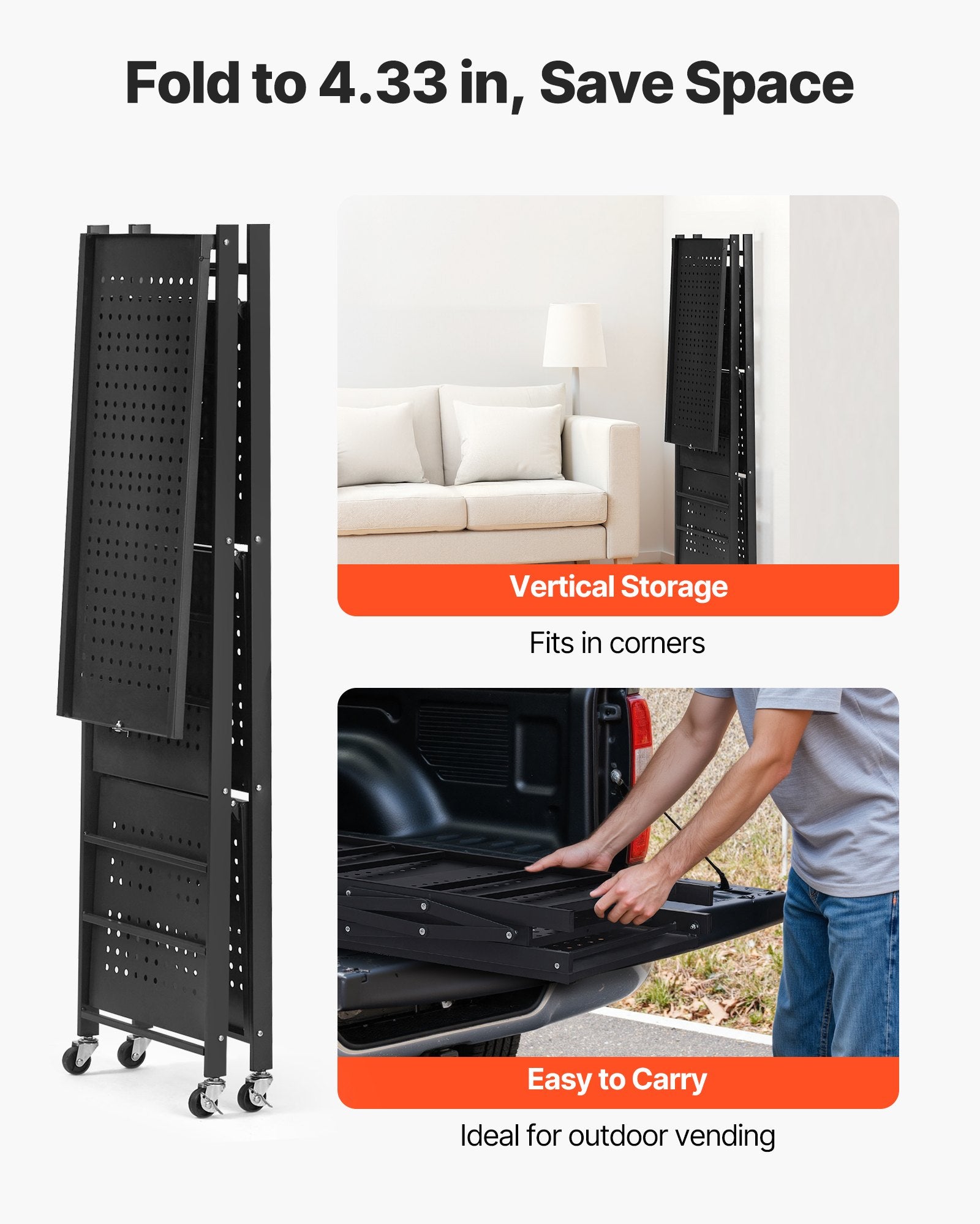 VEVOR 4-Tier Foldable Storage Shelf with Wheels, 66 cm W x 33 cm D x 117 cm H Folding Metal Rack Shelving Unit, No Assembly Organizer Shelf for Garage, Kitchen, Basement, Black