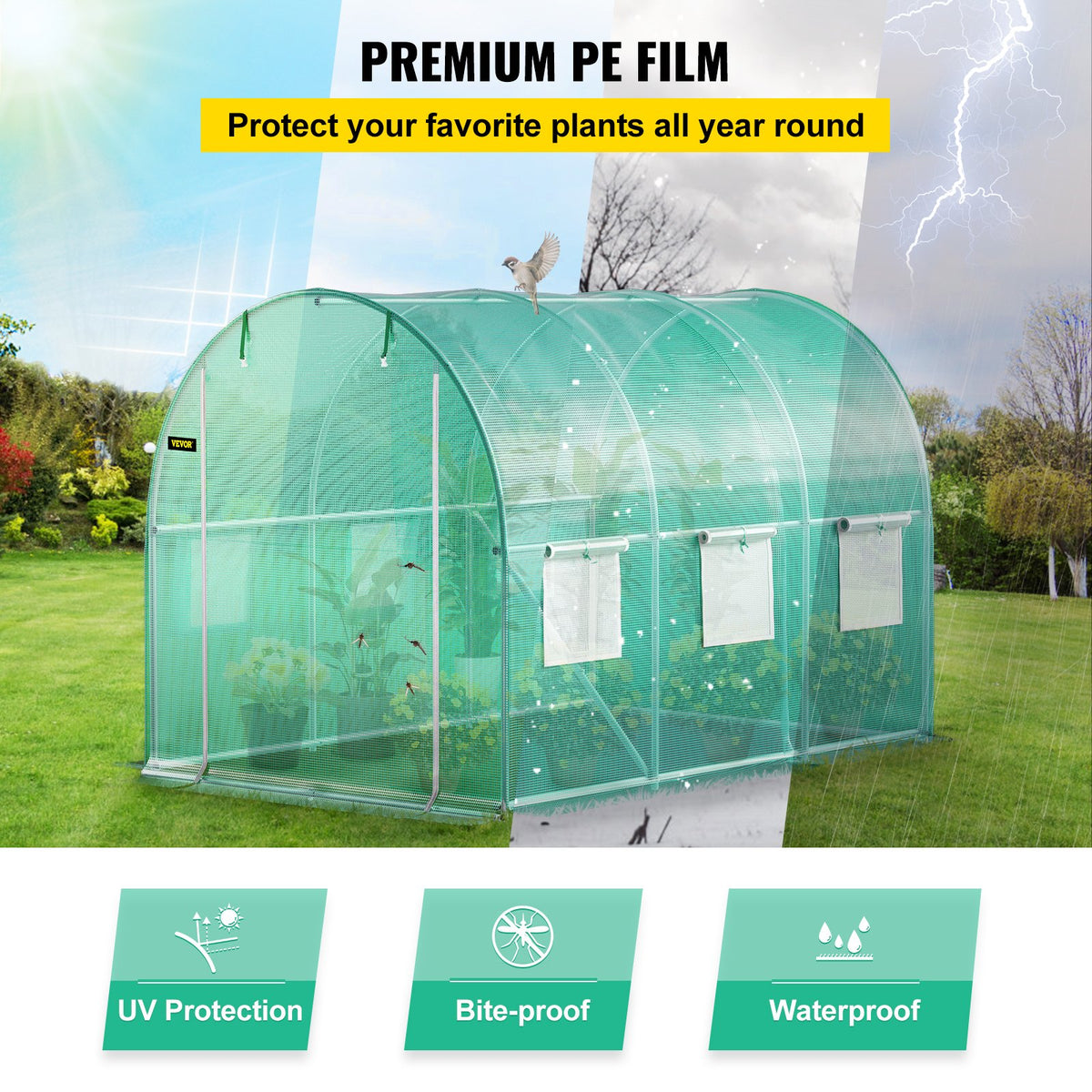 VEVOR Walk-in Tunnel Greenhouse, 3 x 2 x 2 m, Portable Plant Hot House with Galvanised Steel Frame, 1 Top Bar, Diagonal Poles, Zipper Door and 6 Roll-Up Windows, Green