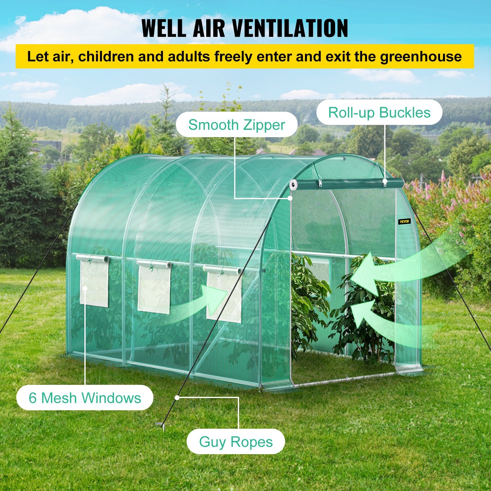 VEVOR Walk-in Tunnel Greenhouse, 3 x 2 x 2 m, Portable Plant Hot House with Galvanised Steel Frame, 1 Top Bar, Diagonal Poles, Zipper Door and 6 Roll-Up Windows, Green