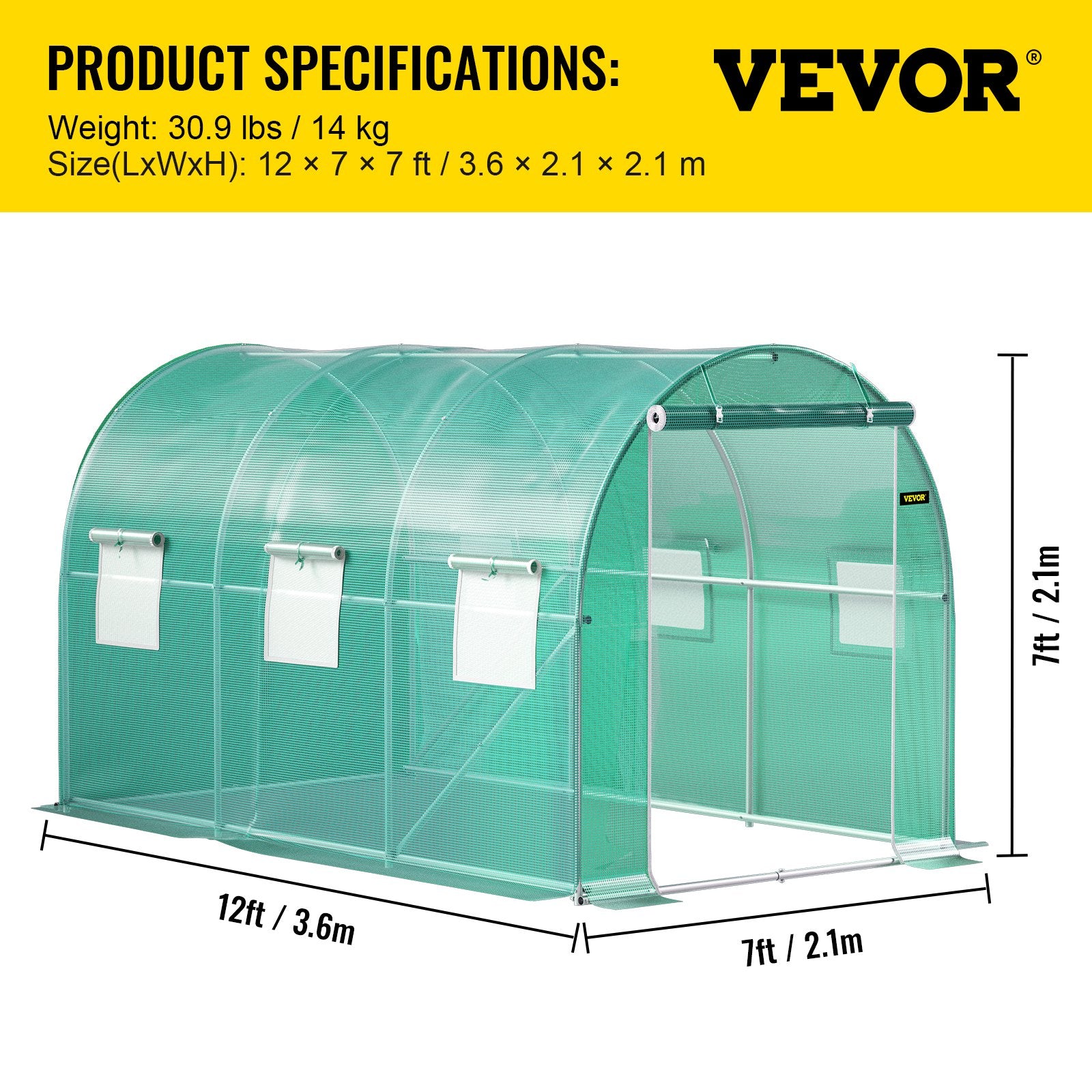 VEVOR Walk-in Tunnel Greenhouse Galvanized Frame & Waterproof Cover 12x7x7 ft