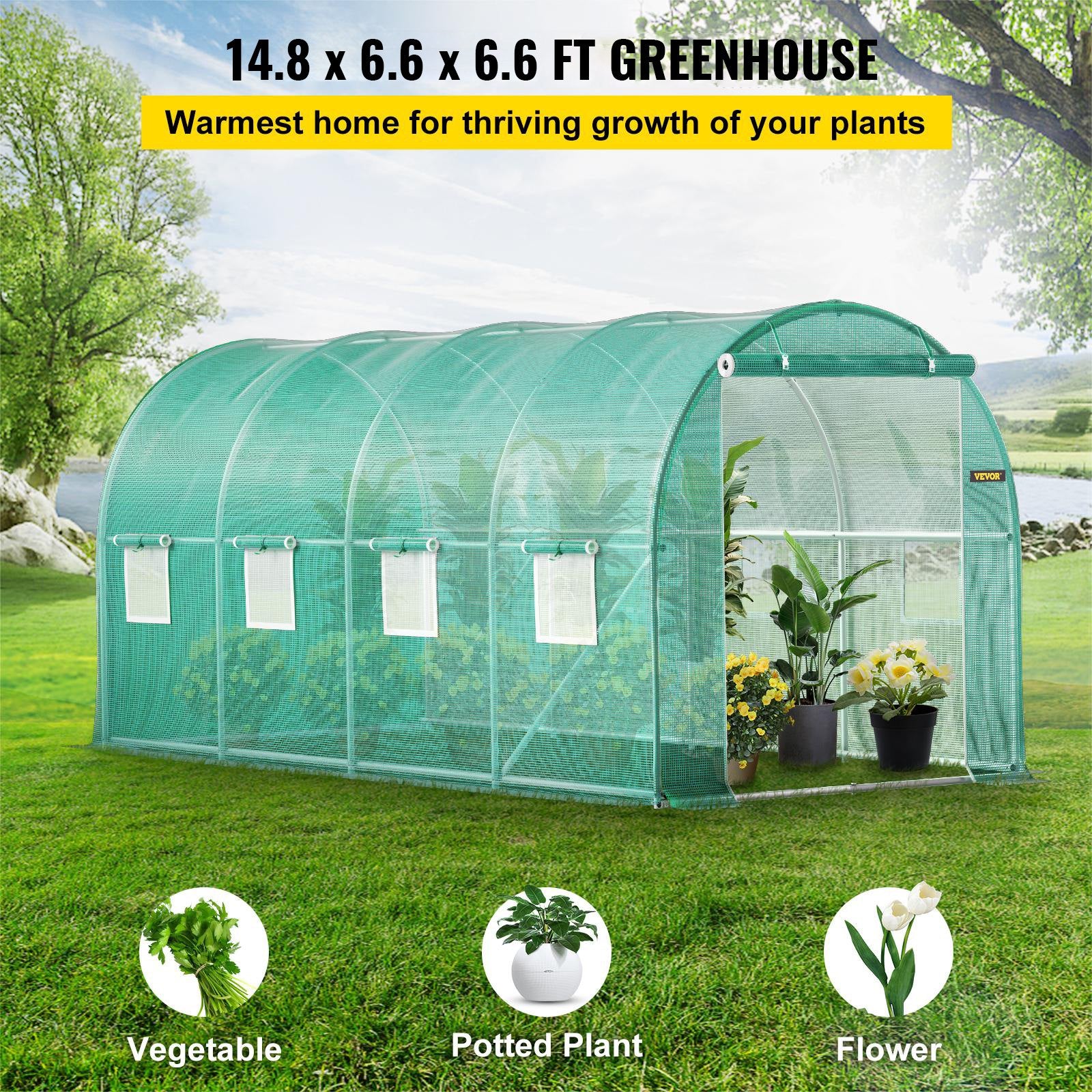 VEVOR Walk-in Tunnel Greenhouse Galvanized Frame & Waterproof Cover 15x7x7 ft