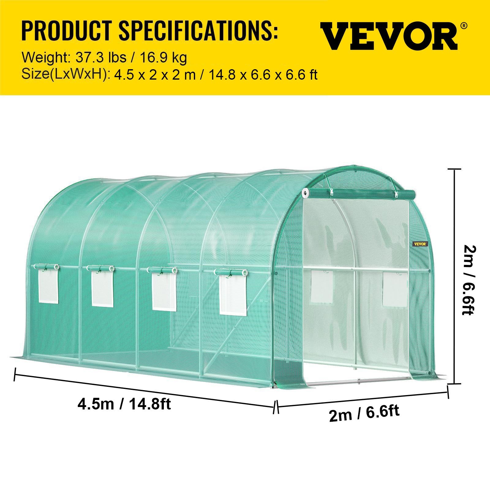 VEVOR Walk-in Tunnel Greenhouse Galvanized Frame & Waterproof Cover 15x7x7 ft