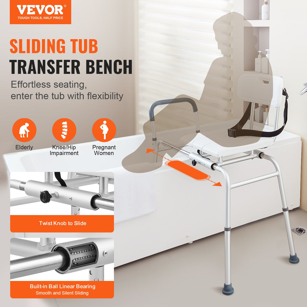 VEVOR Sliding Tub Transfer Bench Shower Chair &amp; Cut-Out Seat Reversible Backrest
