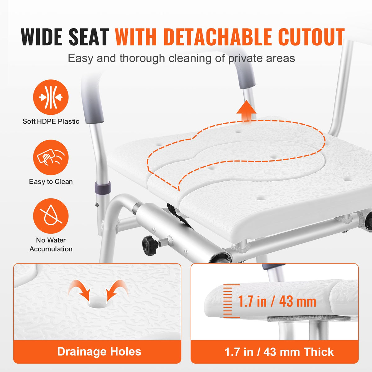 VEVOR Sliding Tub Transfer Bench Shower Chair & Cut-Out Seat Reversible Backrest