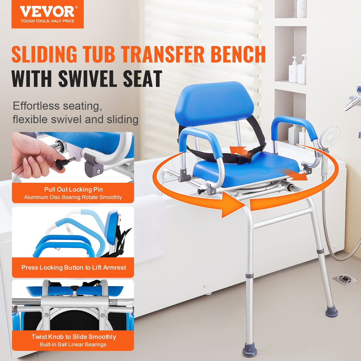 VEVOR Sliding Tub Transfer Bench with 360 Degree Swivel Seat, Sliding Shower Chair with Pivoting Armrest & Padded Seat and Safety Belt, Height Adjustable Bath Chair for Elderly Disabled 330LBS