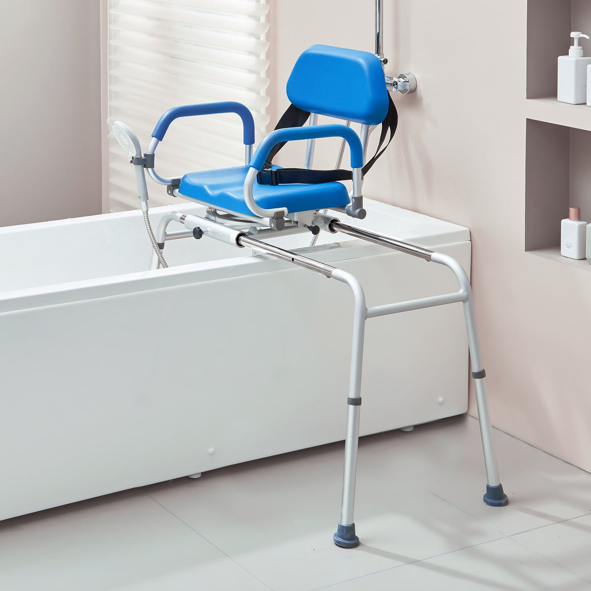 VEVOR Sliding Tub Transfer Bench with 360 Degree Swivel Seat, Sliding Shower Chair with Pivoting Armrest & Padded Seat and Safety Belt, Height Adjustable Bath Chair for Elderly Disabled 330LBS
