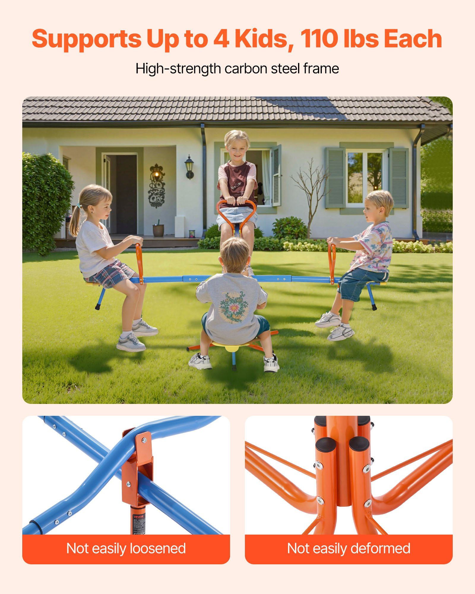 Kids Seesaw, 49.9 kg Load Capacity per Seat, Sit and Spin Teeter Totter with 4-prong Support Legs, Kids Outdoor Playground Equipment, Swiveling 360 Degrees Rotating for Children Aged 3+, 4 Seats