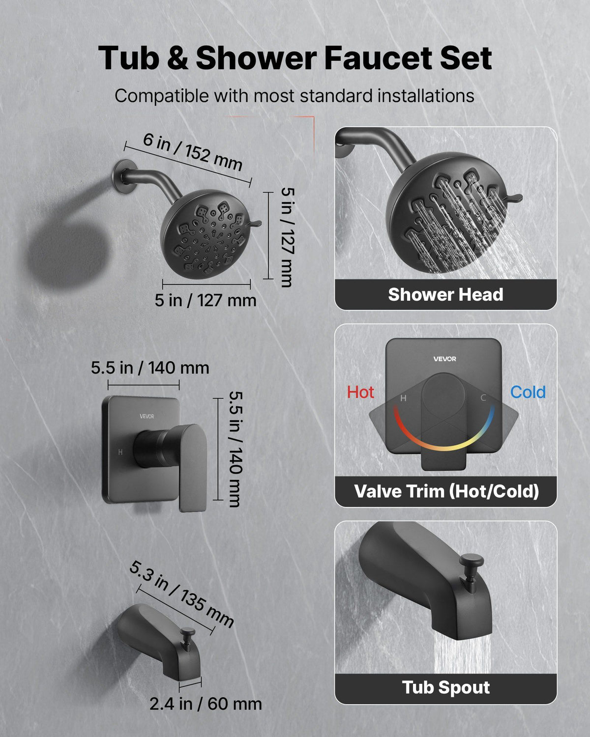Tub and Shower Faucet Set, 127 mm Rainfall Shower Head and Bathtub Spout, Complete Single-Handle Tub Trim Kit with Brass Pressure Balancing Valve, 8-Setting Adjustable Spray Modes, Matte Black