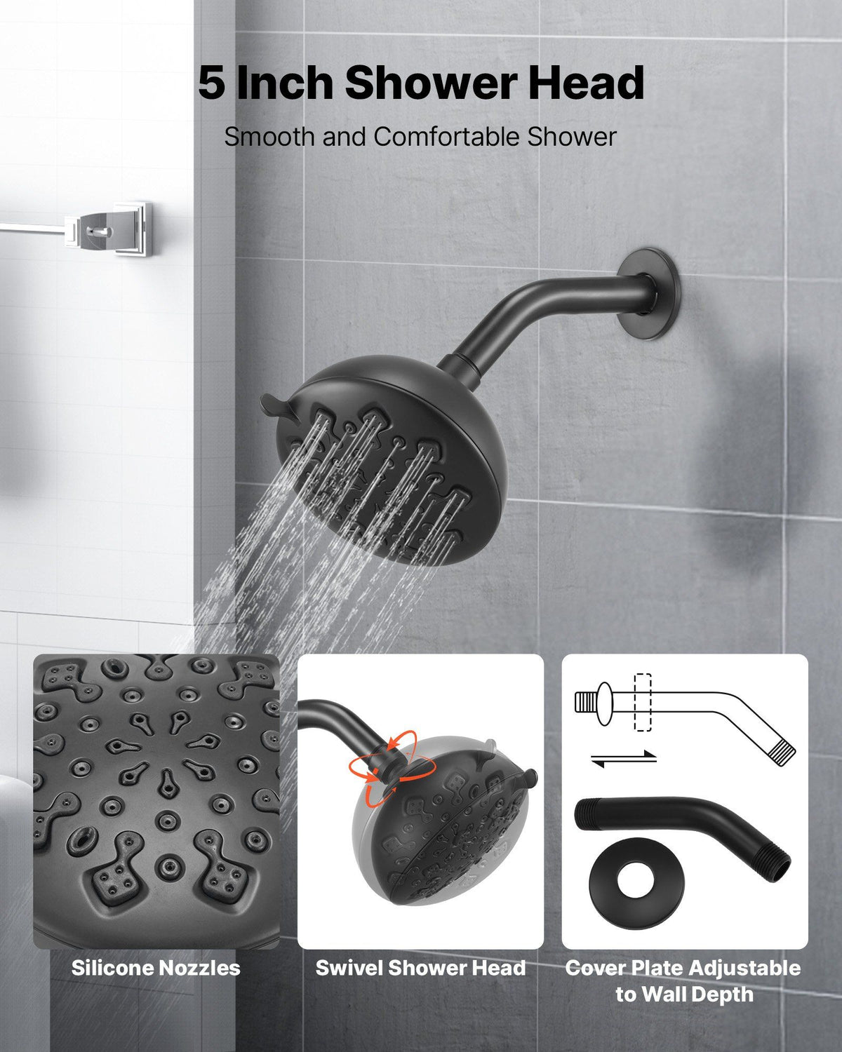 Tub and Shower Faucet Set, 127 mm Rainfall Shower Head and Bathtub Spout, Complete Single-Handle Tub Trim Kit with Brass Pressure Balancing Valve, 8-Setting Adjustable Spray Modes, Matte Black
