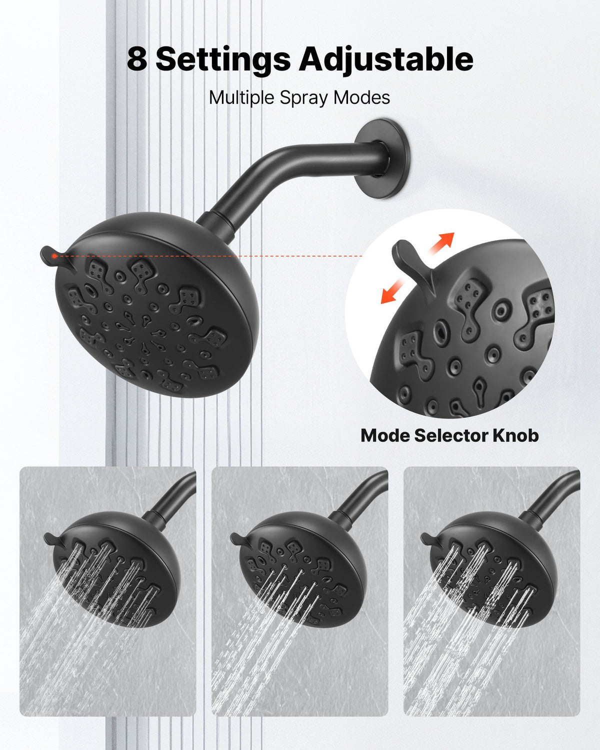 Tub and Shower Faucet Set, 127 mm Rainfall Shower Head and Bathtub Spout, Complete Single-Handle Tub Trim Kit with Brass Pressure Balancing Valve, 8-Setting Adjustable Spray Modes, Matte Black