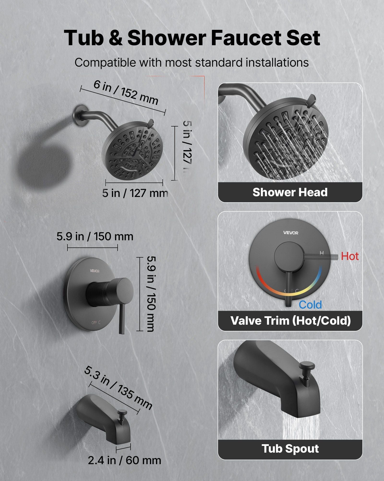 Tub and Shower Faucet Set, Complete with 127 mm Rainfall Shower Head and Bathtub Spout, 8-Setting Adjustable Spray, Single-Handle Tub Trim Kit with Brass Pressure Balancing Valve, Matte Black