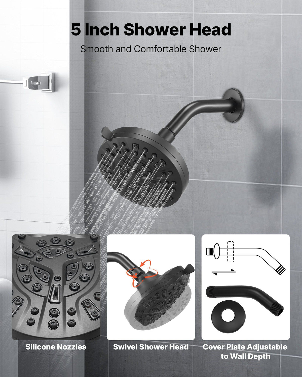 Tub and Shower Faucet Set, Complete with 127 mm Rainfall Shower Head and Bathtub Spout, 8-Setting Adjustable Spray, Single-Handle Tub Trim Kit with Brass Pressure Balancing Valve, Matte Black