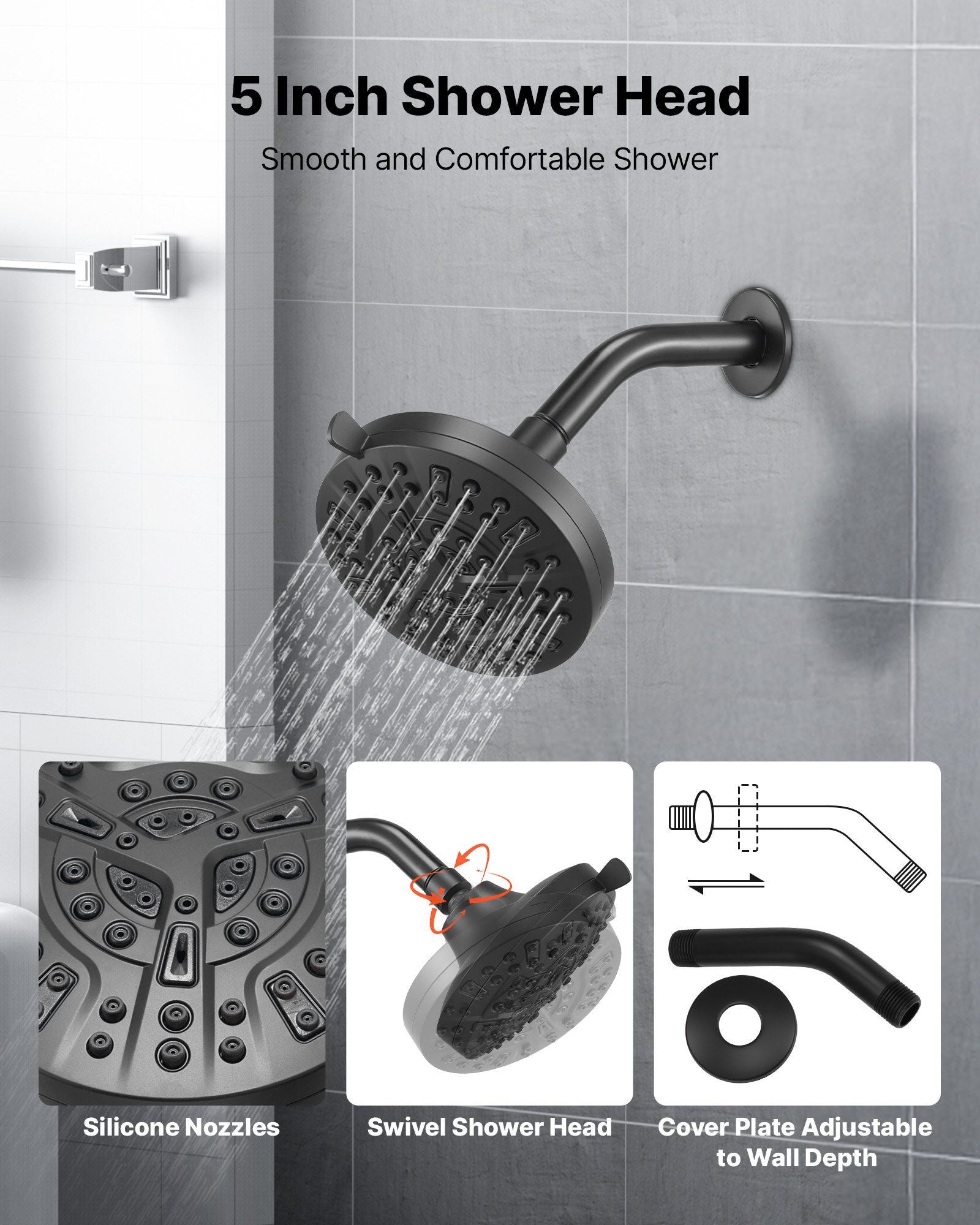 Tub and Shower Faucet Set, Complete with 127 mm Rainfall Shower Head and Bathtub Spout, 8-Setting Adjustable Spray, Single-Handle Tub Trim Kit with Brass Pressure Balancing Valve, Matte Black