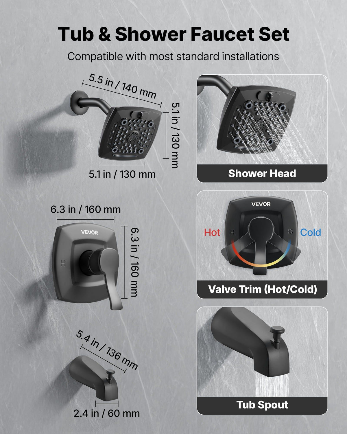 Tub and Shower Faucet Set, Complete with 130 mm Rainfall Shower Head and Bathtub Spout, 5-Setting Adjustable Spray, Single-Handle Tub Trim Kit with Brass Pressure Balancing Valve, Matte Black