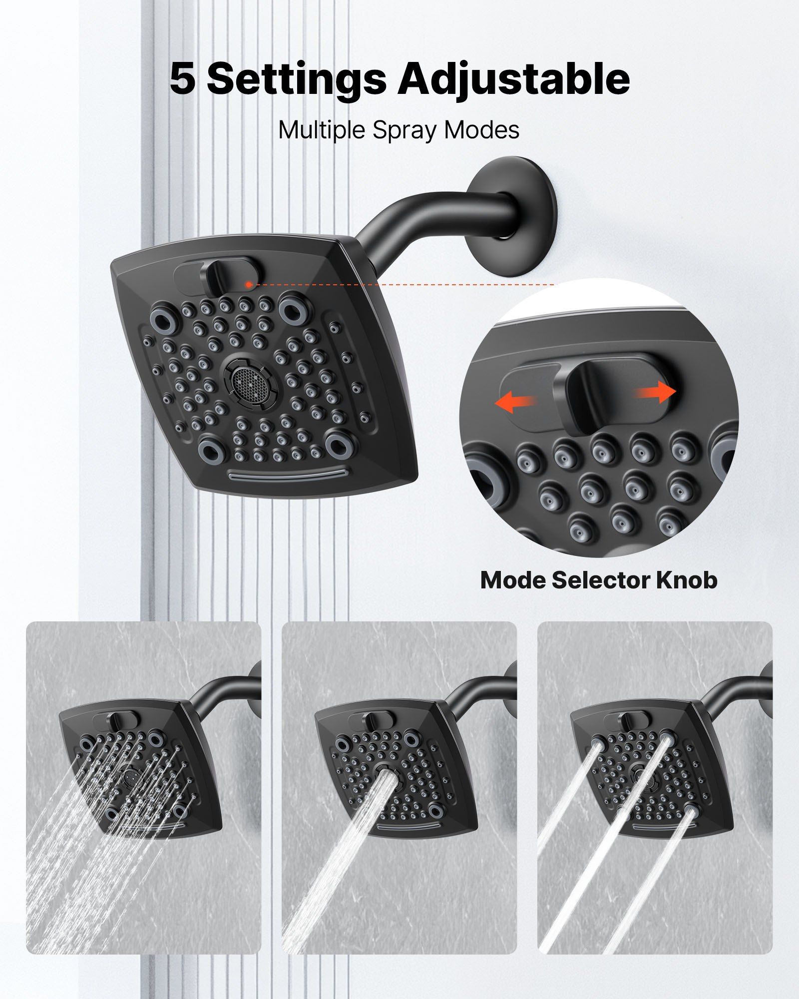 Tub and Shower Faucet Set, Complete with 130 mm Rainfall Shower Head and Bathtub Spout, 5-Setting Adjustable Spray, Single-Handle Tub Trim Kit with Brass Pressure Balancing Valve, Matte Black