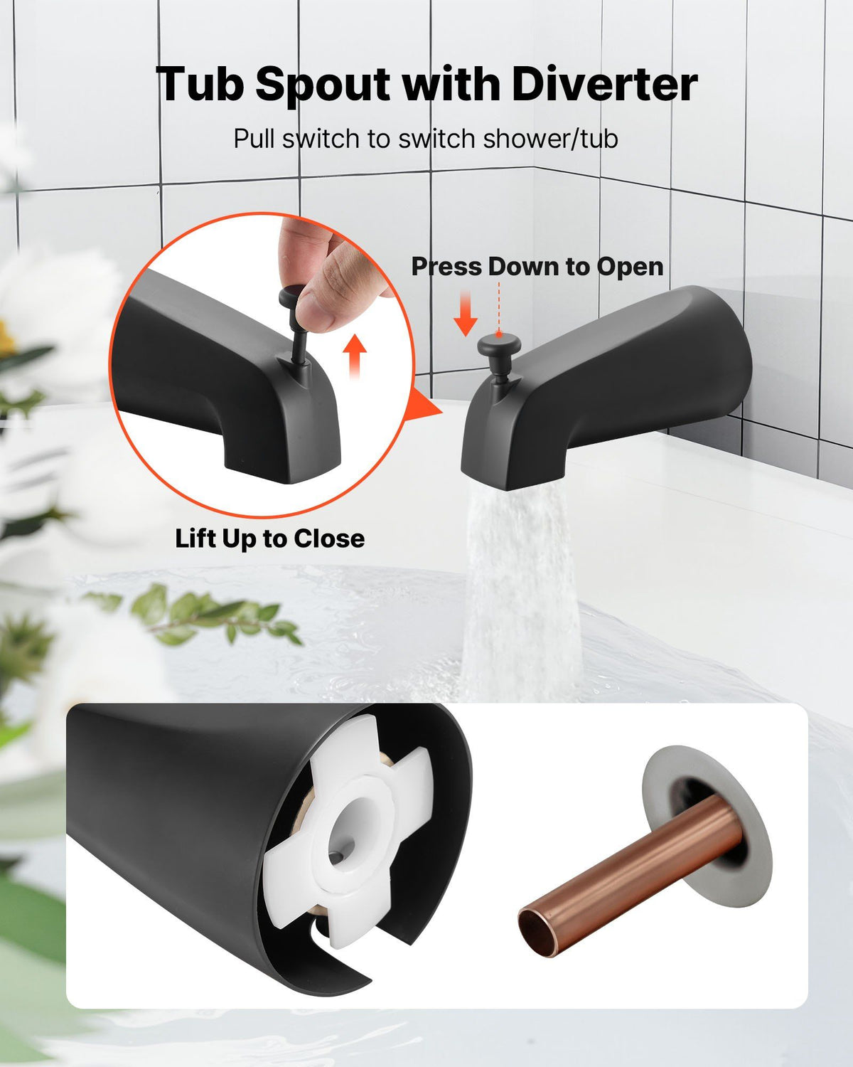 Tub and Shower Faucet Set, Complete with 130 mm Rainfall Shower Head and Bathtub Spout, 5-Setting Adjustable Spray, Single-Handle Tub Trim Kit with Brass Pressure Balancing Valve, Matte Black