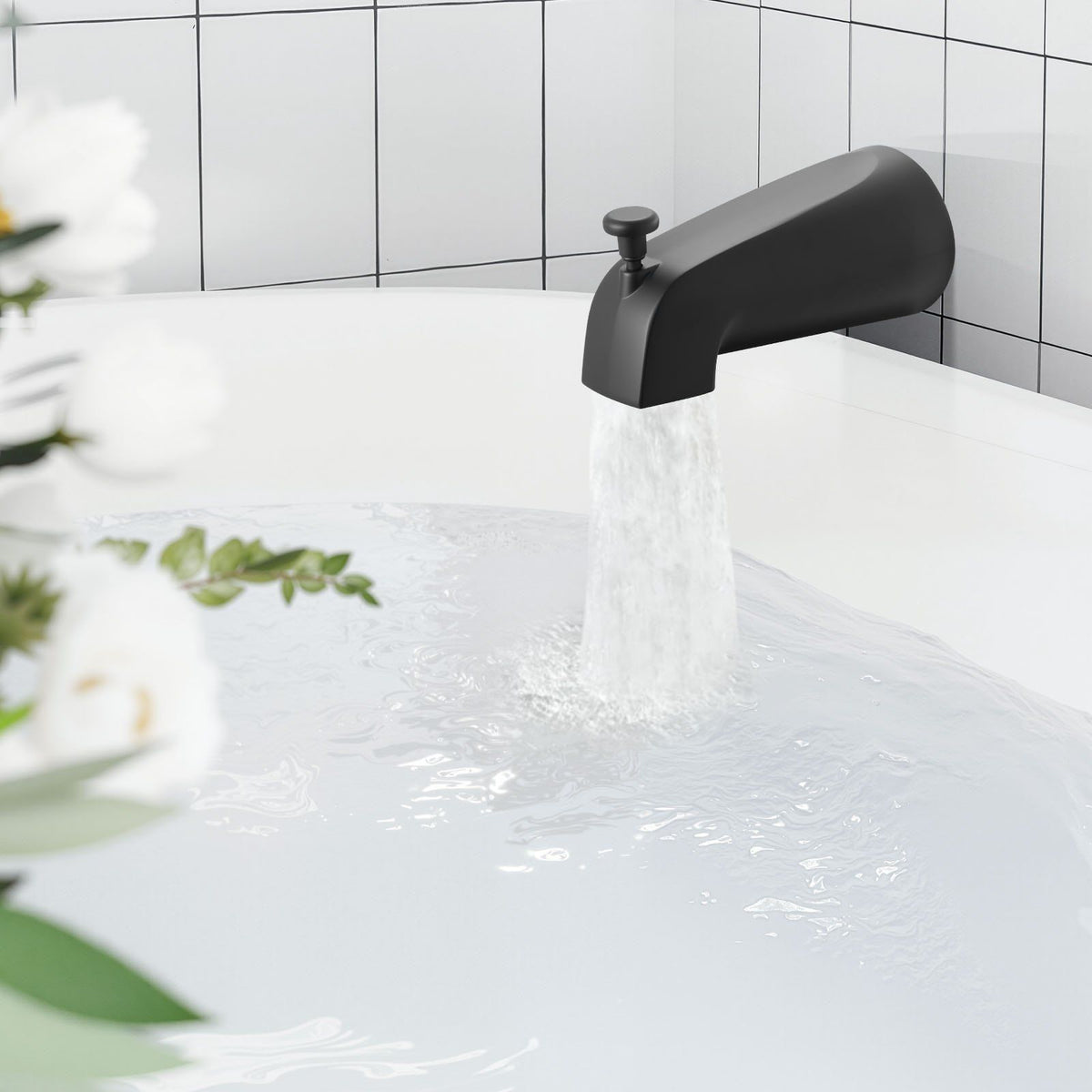 Tub and Shower Faucet Set, Complete with 130 mm Rainfall Shower Head and Bathtub Spout, 5-Setting Adjustable Spray, Single-Handle Tub Trim Kit with Brass Pressure Balancing Valve, Matte Black