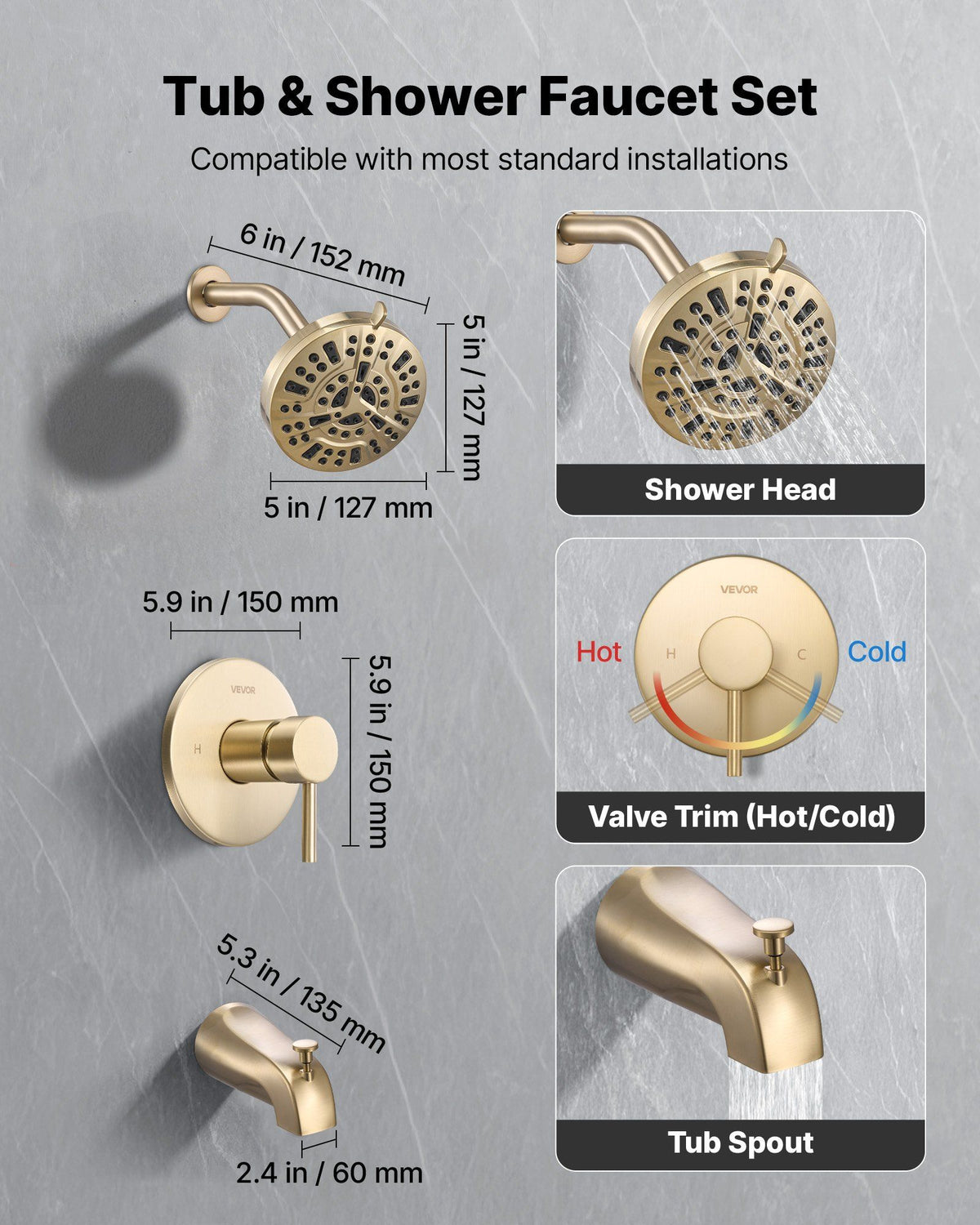 Tub and Shower Faucet Set, Complete with 127 mm Rainfall Shower Head and Bathtub Spout, 8-Setting Adjustable Spray, Single-Handle Tub Trim Kit with Brass Pressure Balancing Valve, Gold Finish