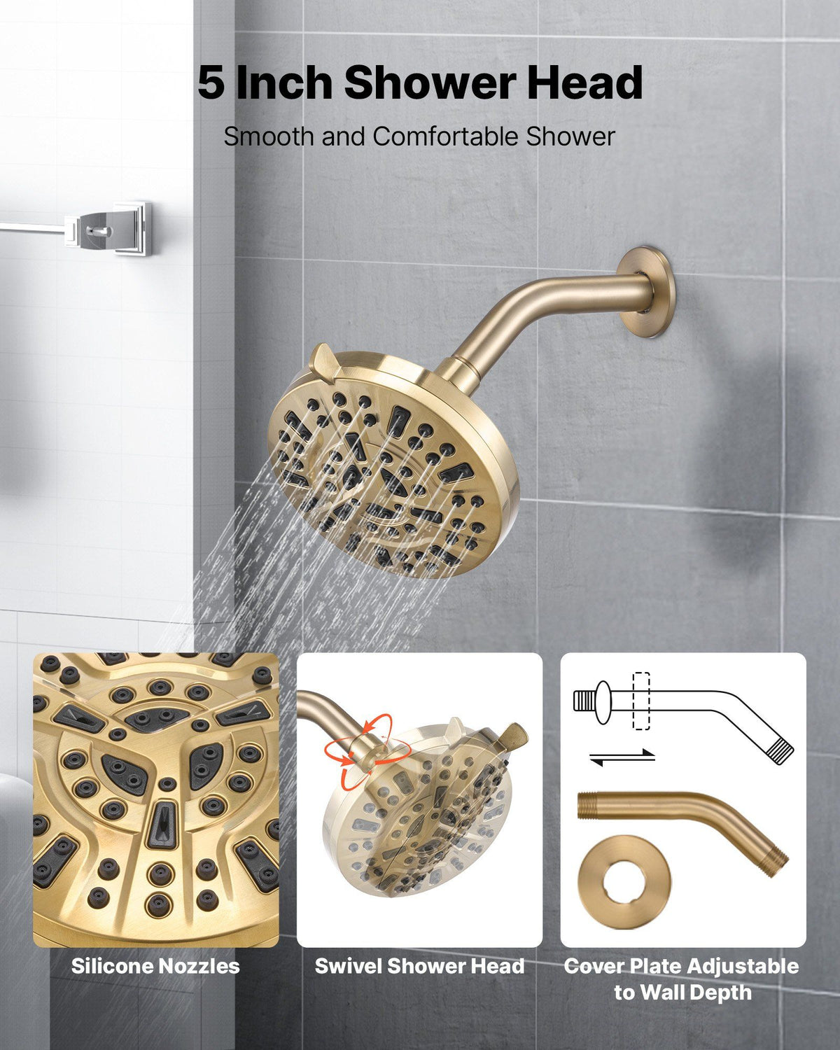 Tub and Shower Faucet Set, Complete with 127 mm Rainfall Shower Head and Bathtub Spout, 8-Setting Adjustable Spray, Single-Handle Tub Trim Kit with Brass Pressure Balancing Valve, Gold Finish