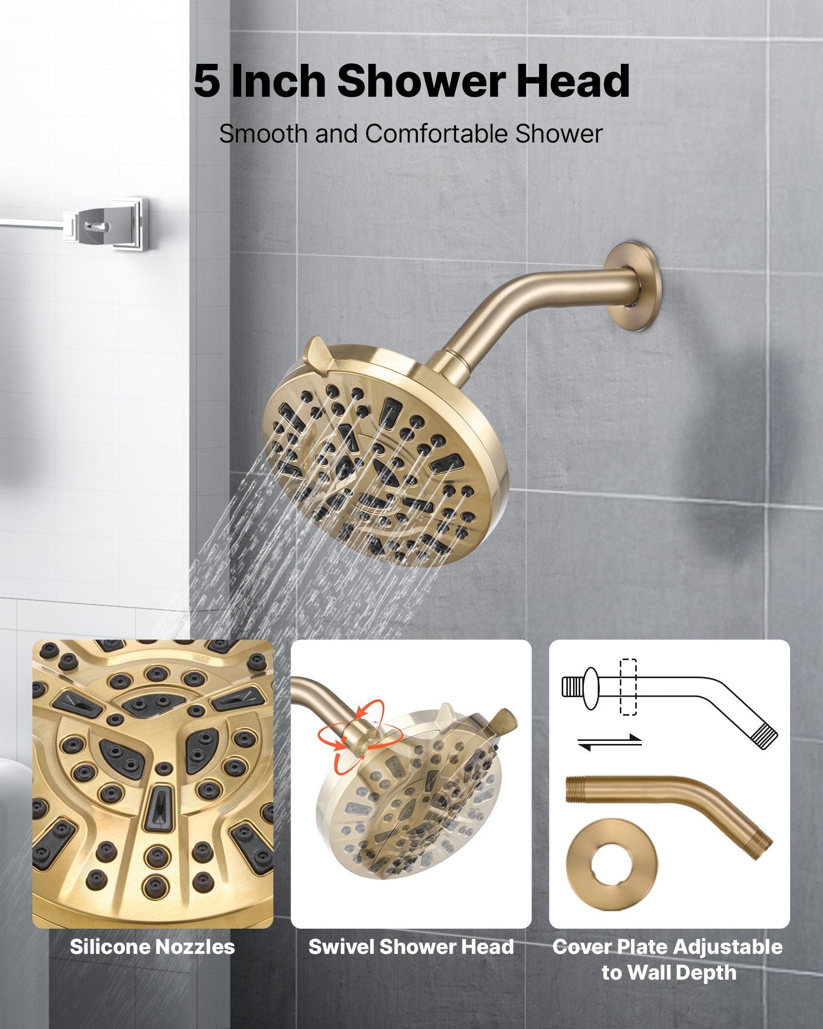 Tub and Shower Faucet Set, Complete with 127 mm Rainfall Shower Head and Bathtub Spout, 8-Setting Adjustable Spray, Single-Handle Tub Trim Kit with Brass Pressure Balancing Valve, Gold Finish