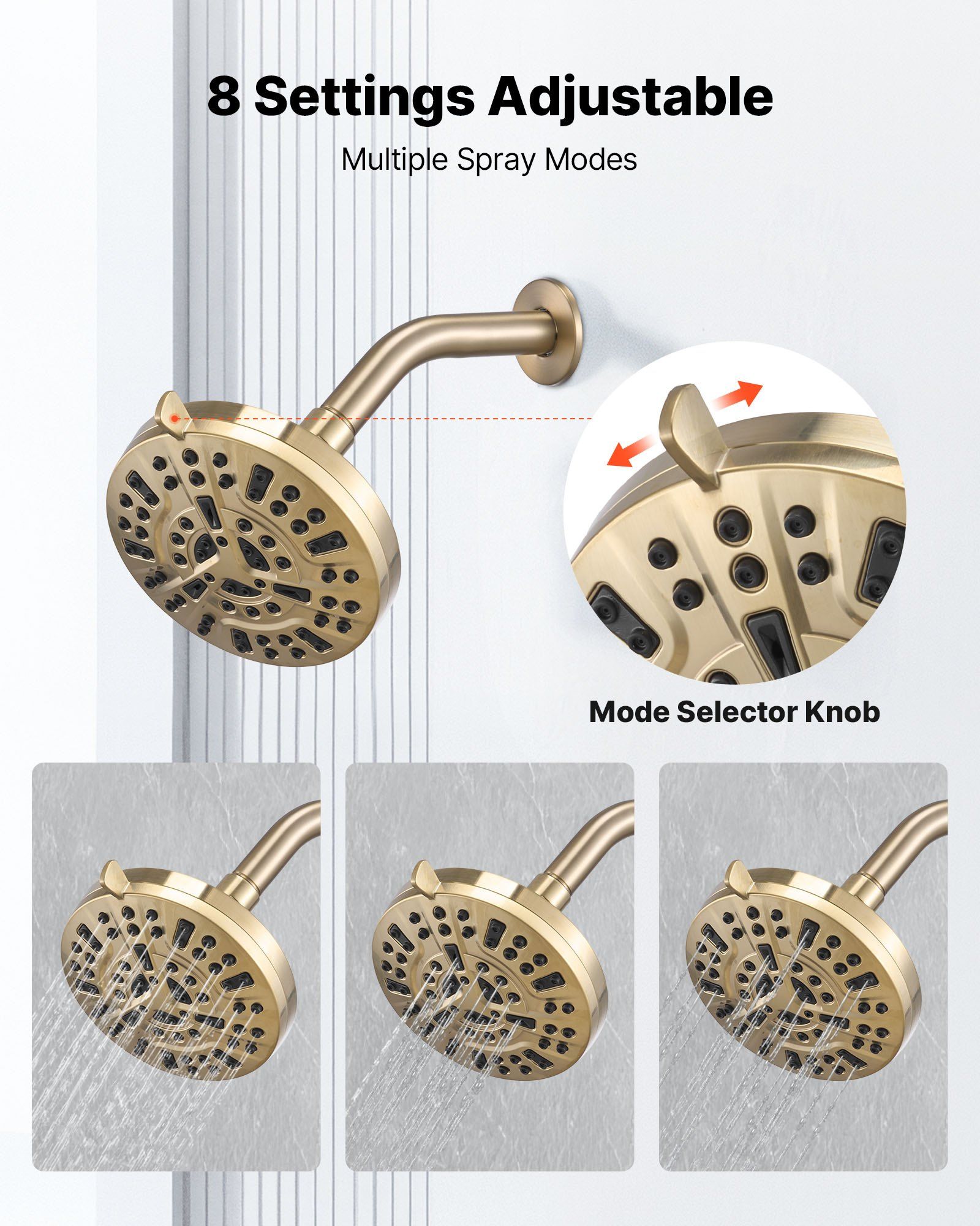 Tub and Shower Faucet Set, Complete with 127 mm Rainfall Shower Head and Bathtub Spout, 8-Setting Adjustable Spray, Single-Handle Tub Trim Kit with Brass Pressure Balancing Valve, Gold Finish
