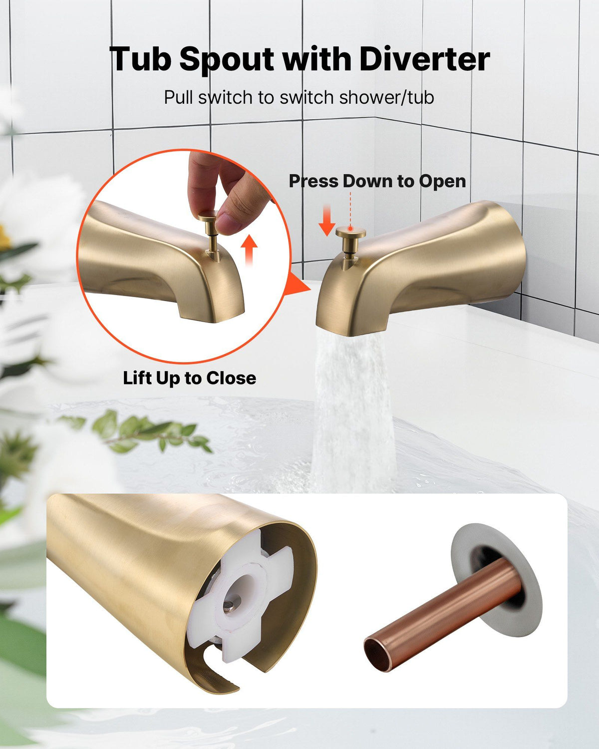 Tub and Shower Faucet Set, Complete with 127 mm Rainfall Shower Head and Bathtub Spout, 8-Setting Adjustable Spray, Single-Handle Tub Trim Kit with Brass Pressure Balancing Valve, Gold Finish