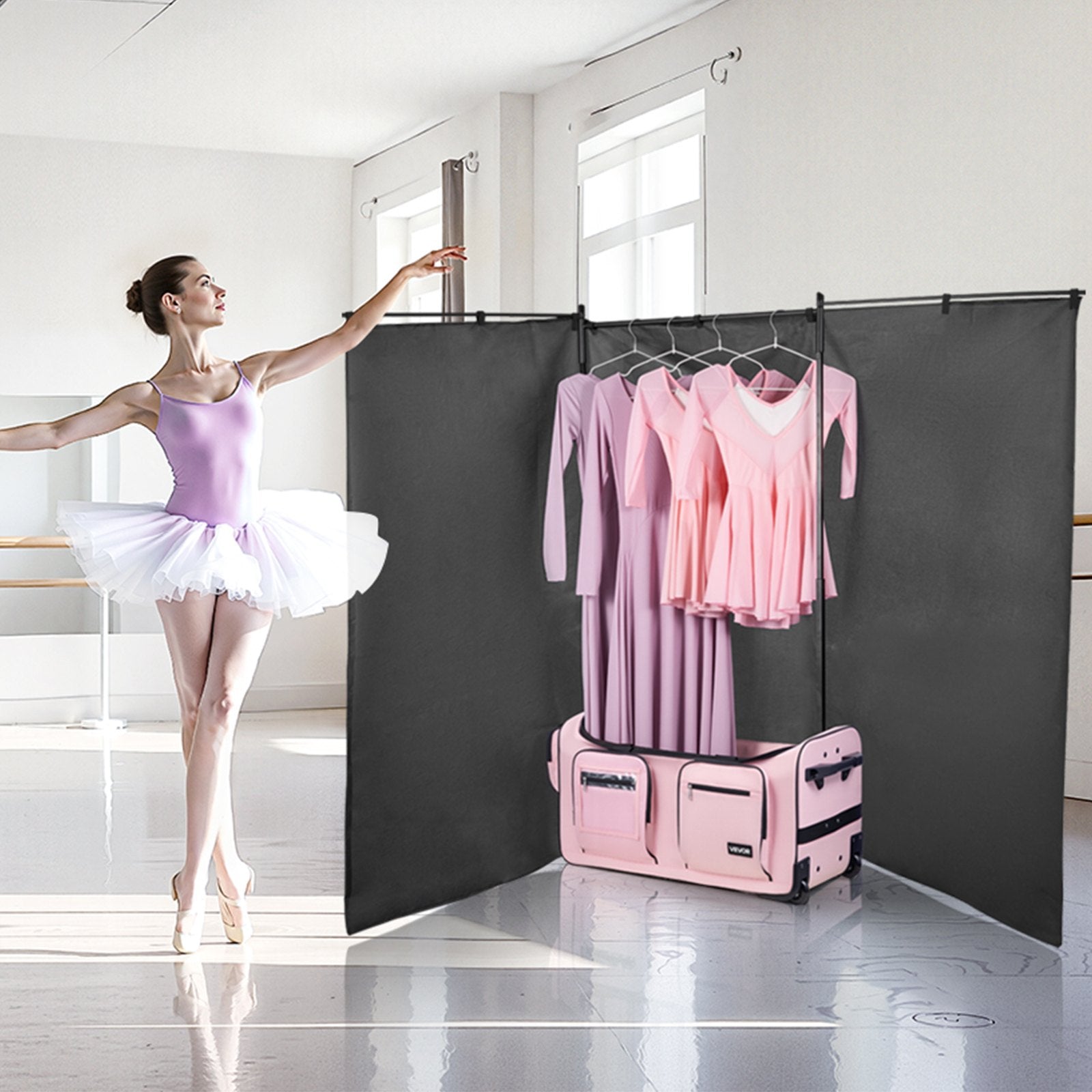 VEVOR Dance Bag with Garment Rack, 736.6 mm Rolling Dance Duffel, with Wheels, USB Port, Height Adjustable Clothes Rack, Privacy Protection Curtain, Ideal for Travel and Competitions, Matte Pink
