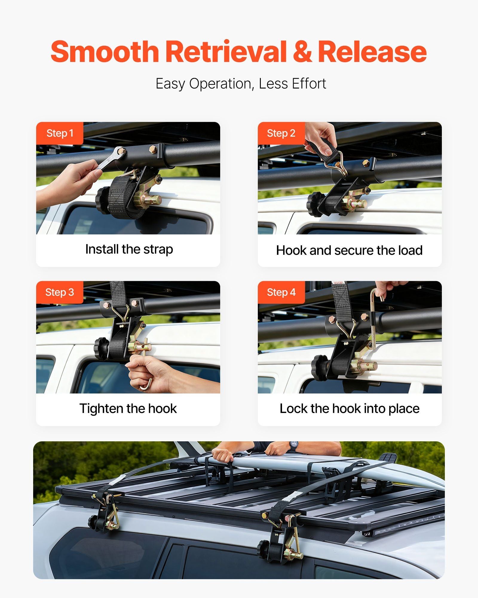 Ladder Rack Ratchet Straps, 47.6-50.8 mm Black Round Tube Mount, 38 mm Wide x 2.25 m Long Black Ladder Rack Straps with Double J-Hooks, 226.8 kg Load Heavy Duty, Cargo Buckle Lock Strap (2 Pack)